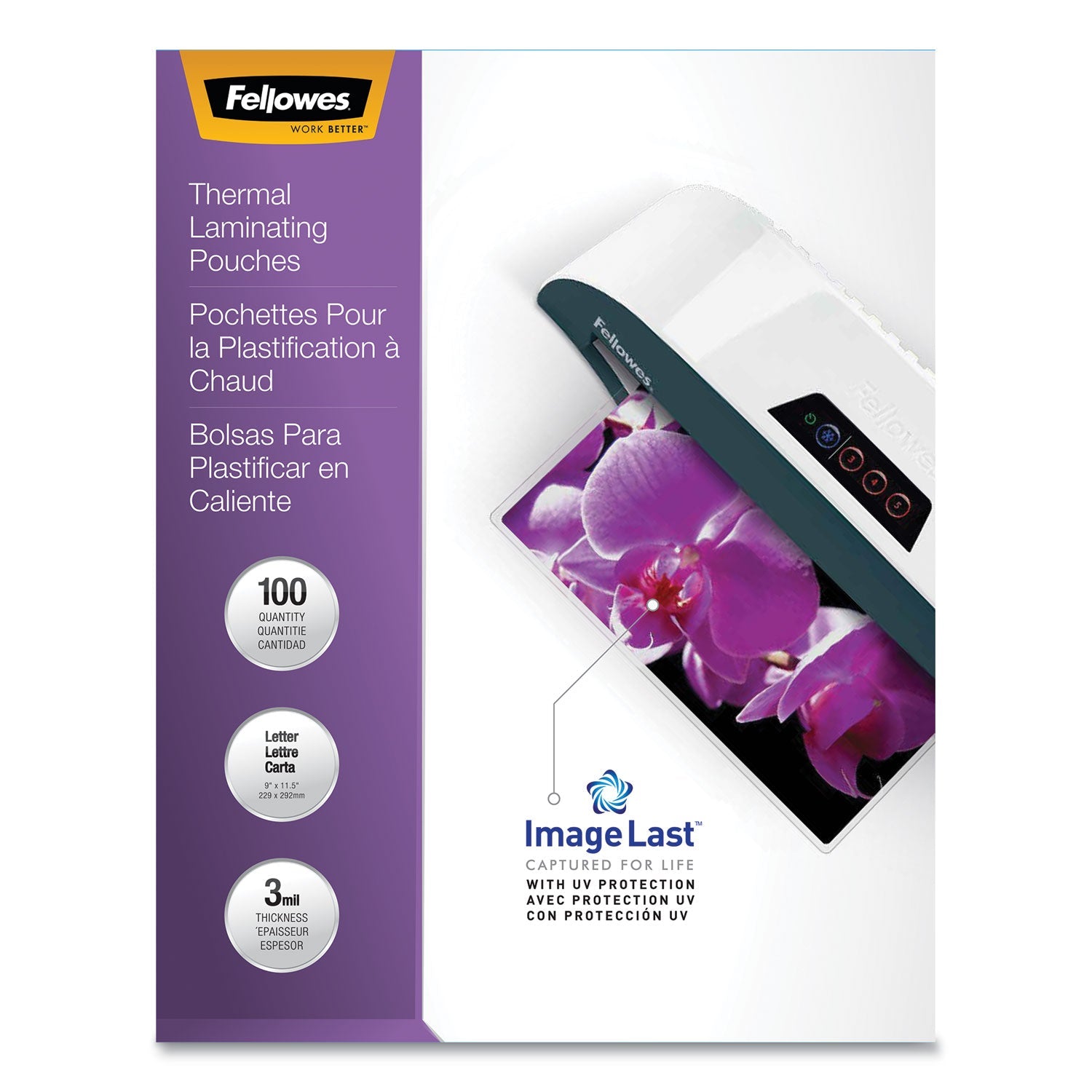 Fellowes ImageLast Laminating Pouches with UV Protection, 3 mil, 9" x 11.5", Clear, 100/Pack