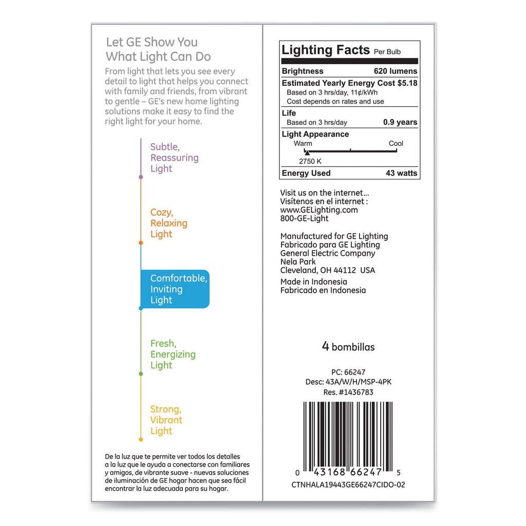 GE Dimmable Halogen A-Line Bulb, 43 W, Soft White, 4/Pack