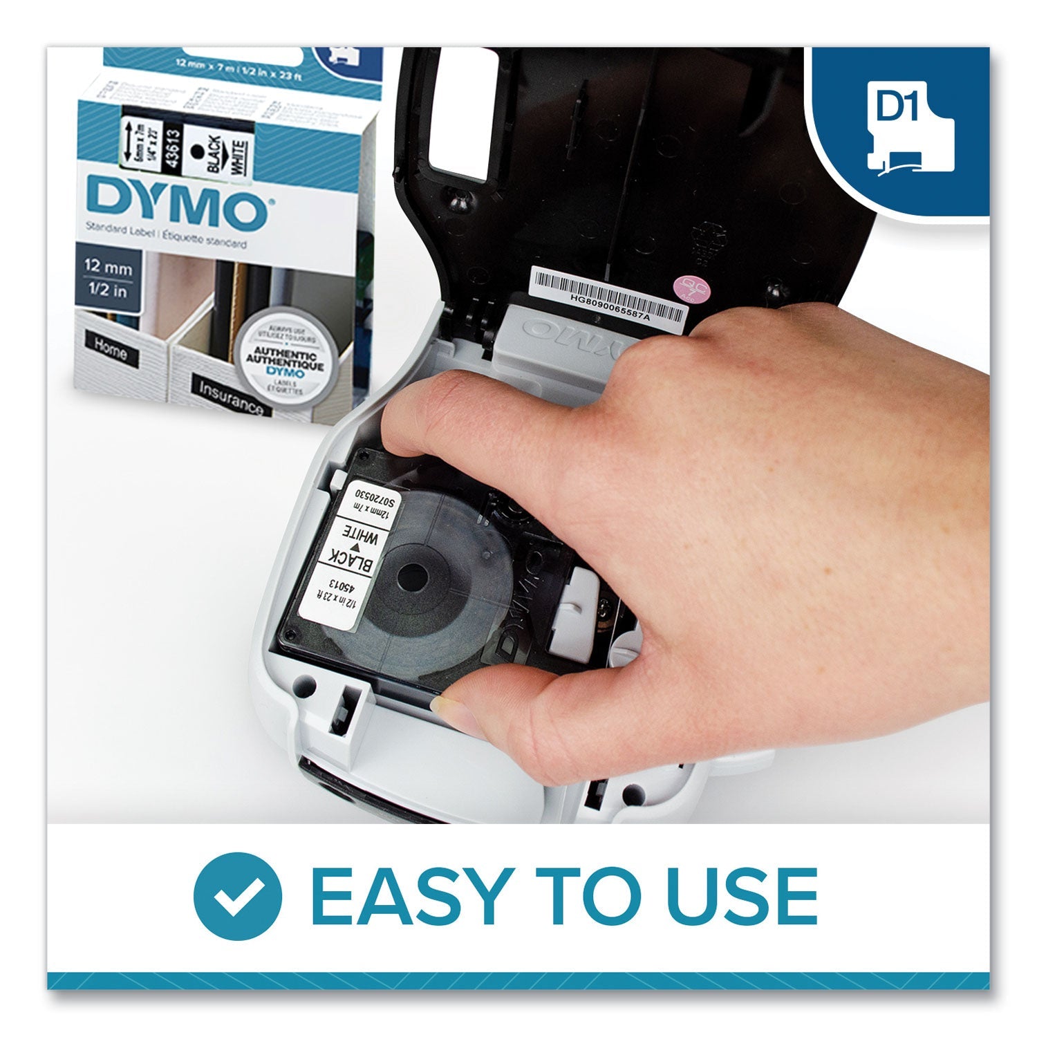 DYMO D1 High-Performance Polyester Removable Label Tape, 1" x 23 ft, Black on White
