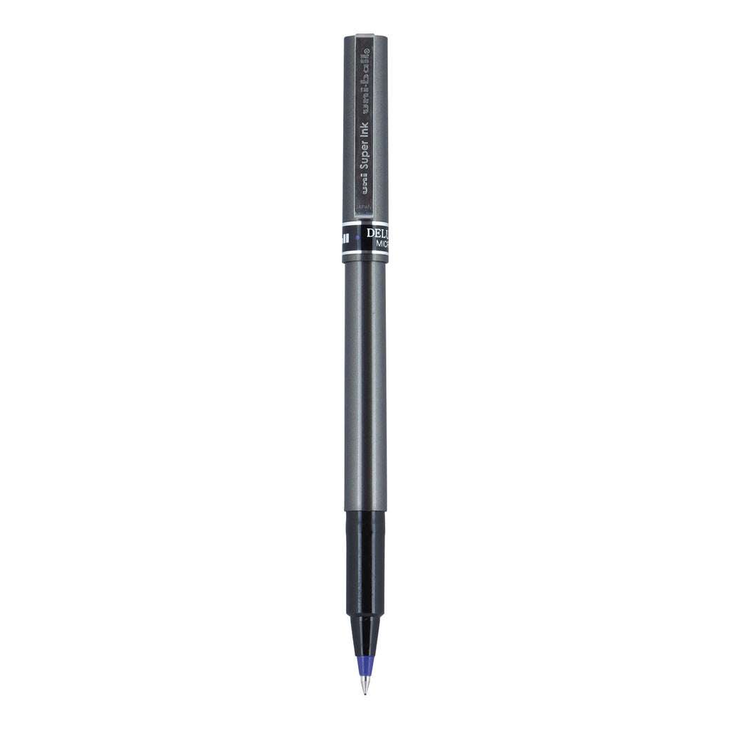 uniball Deluxe Roller Ball Pen, Stick, Micro 0.5 mm, Blue Ink, Metallic Gray Barrel, Dozen
