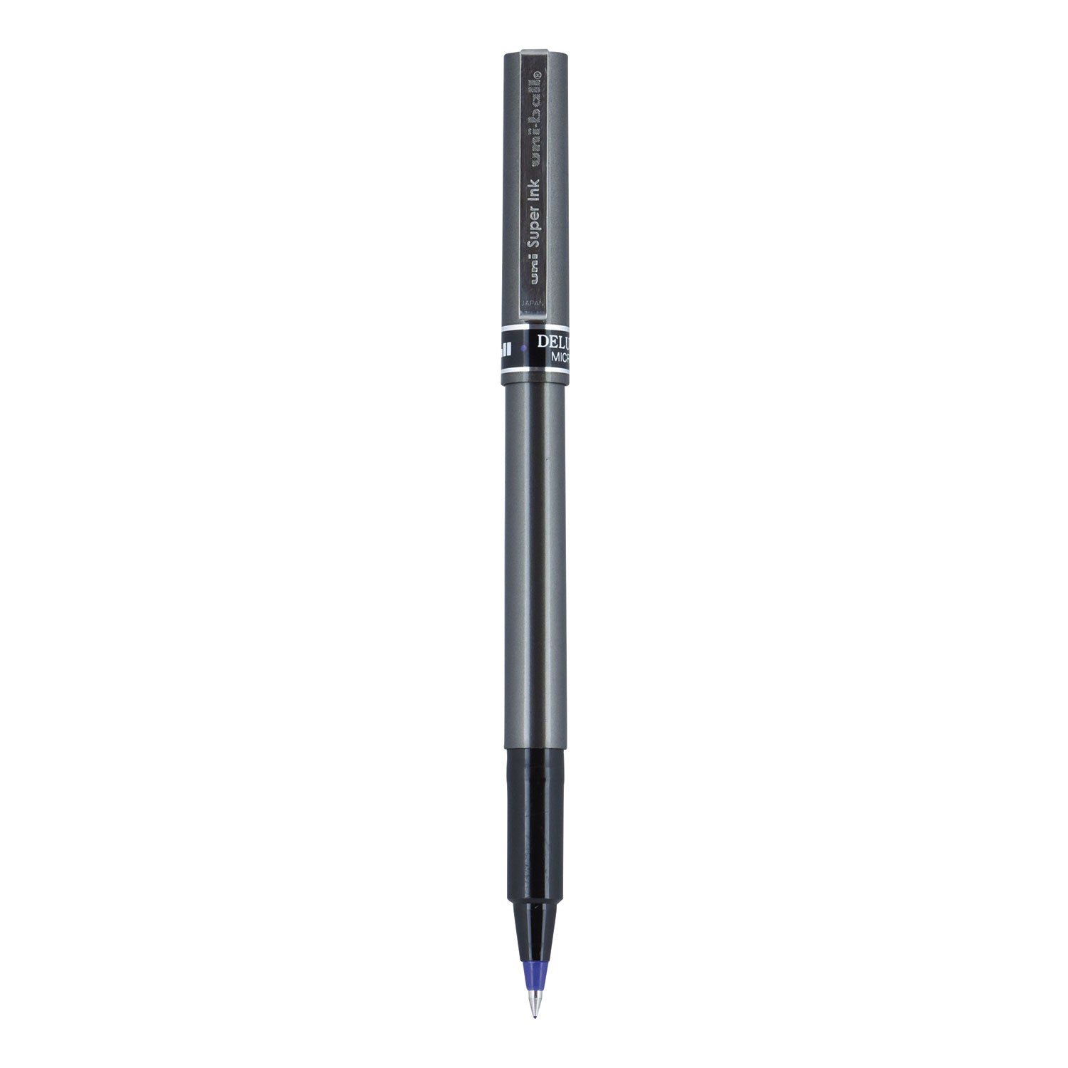uniball Deluxe Roller Ball Pen, Stick, Micro 0.5 mm, Blue Ink, Metallic Gray Barrel, Dozen