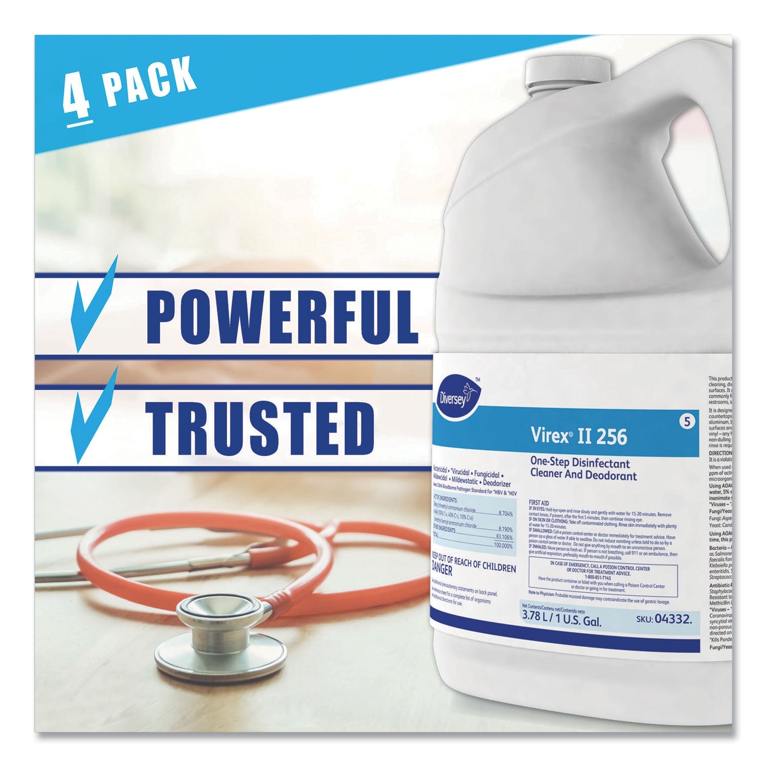 Diversey Virex II 256 One-Step Disinfectant Cleaner Deodorant Mint, 1 gal, 4 Bottles/CT