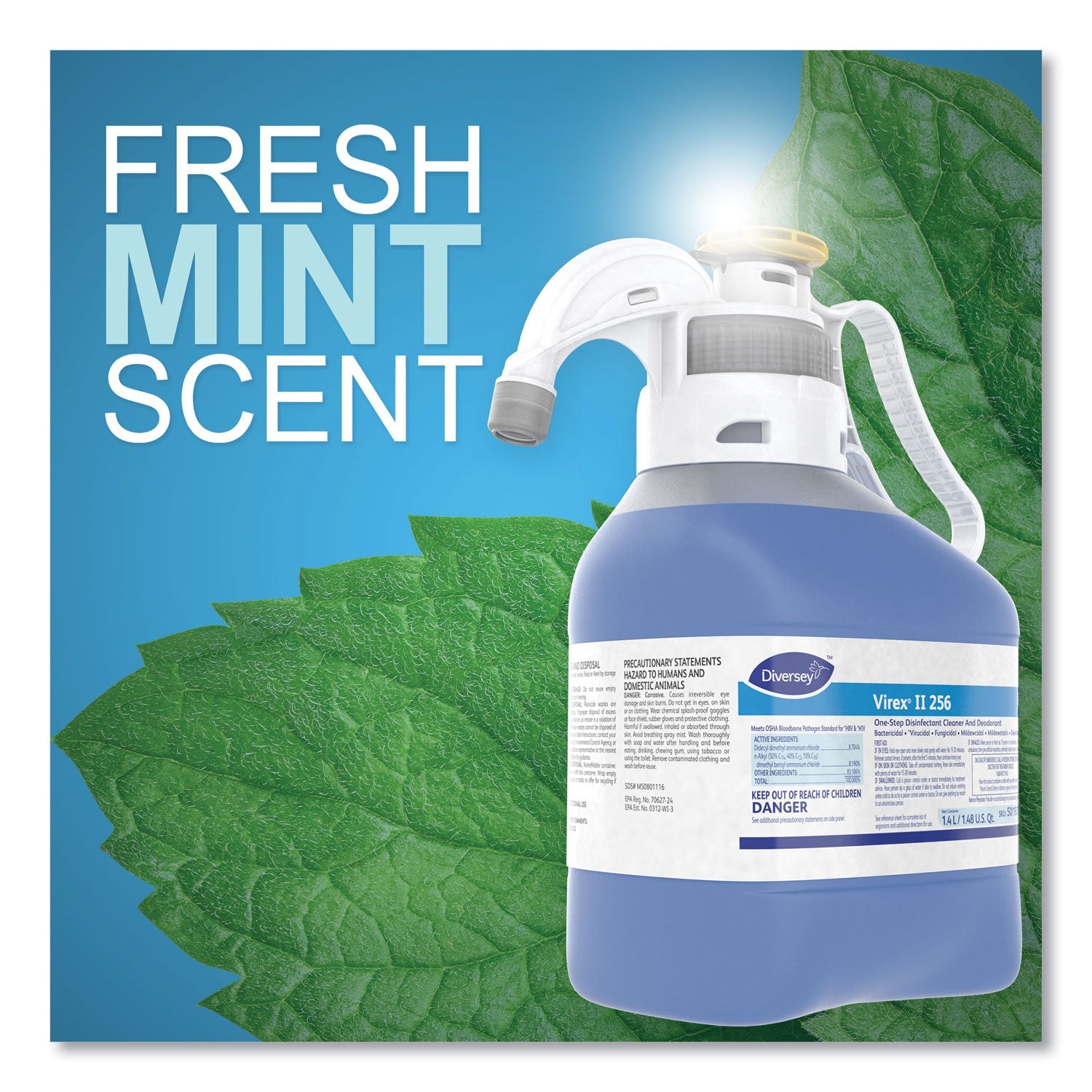 Diversey Virex II 256 One-Step Disinfectant Cleaner Deodorant, Mint, 1.4L, 2 Bottles/CT