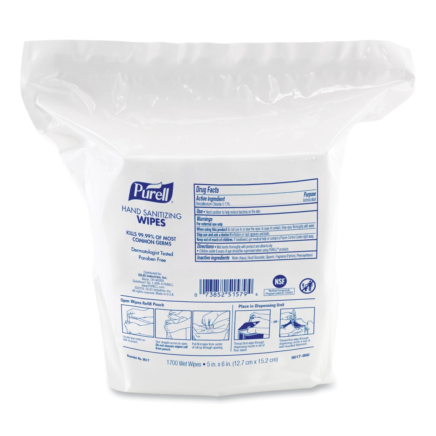 PURELL Hand Sanitizing Wipes, 5 x 6, Fresh Citrus Scent, White, 1,700/Refill Pouch, 4/Carton