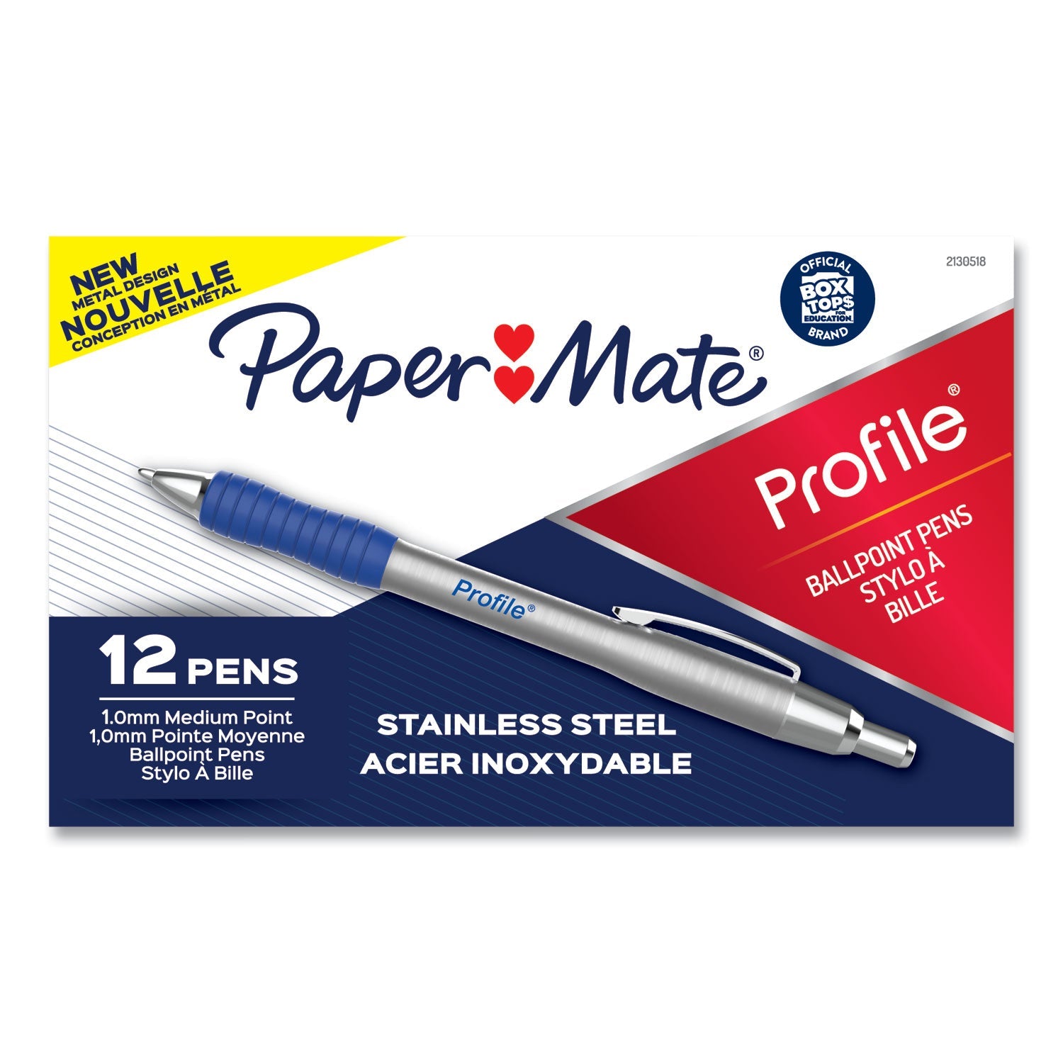 Paper Mate Profile Metal Ballpoint Pen, Retractable, Medium 1 mm, Blue Ink, Silver Barrel, Dozen