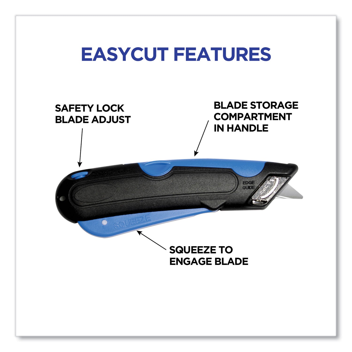 COSCO Easycut Cutter Knife w/Self-Retracting Safety-Tipped Blade, 6" Plastic Handle, Black/Blue