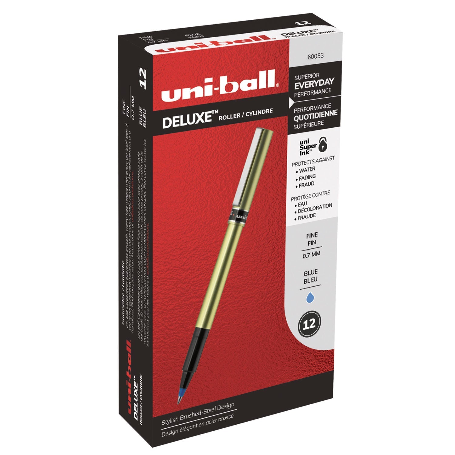 uniball Deluxe Roller Ball Pen, Stick, Fine 0.7 mm, Blue Ink, Champagne Barrel, Dozen