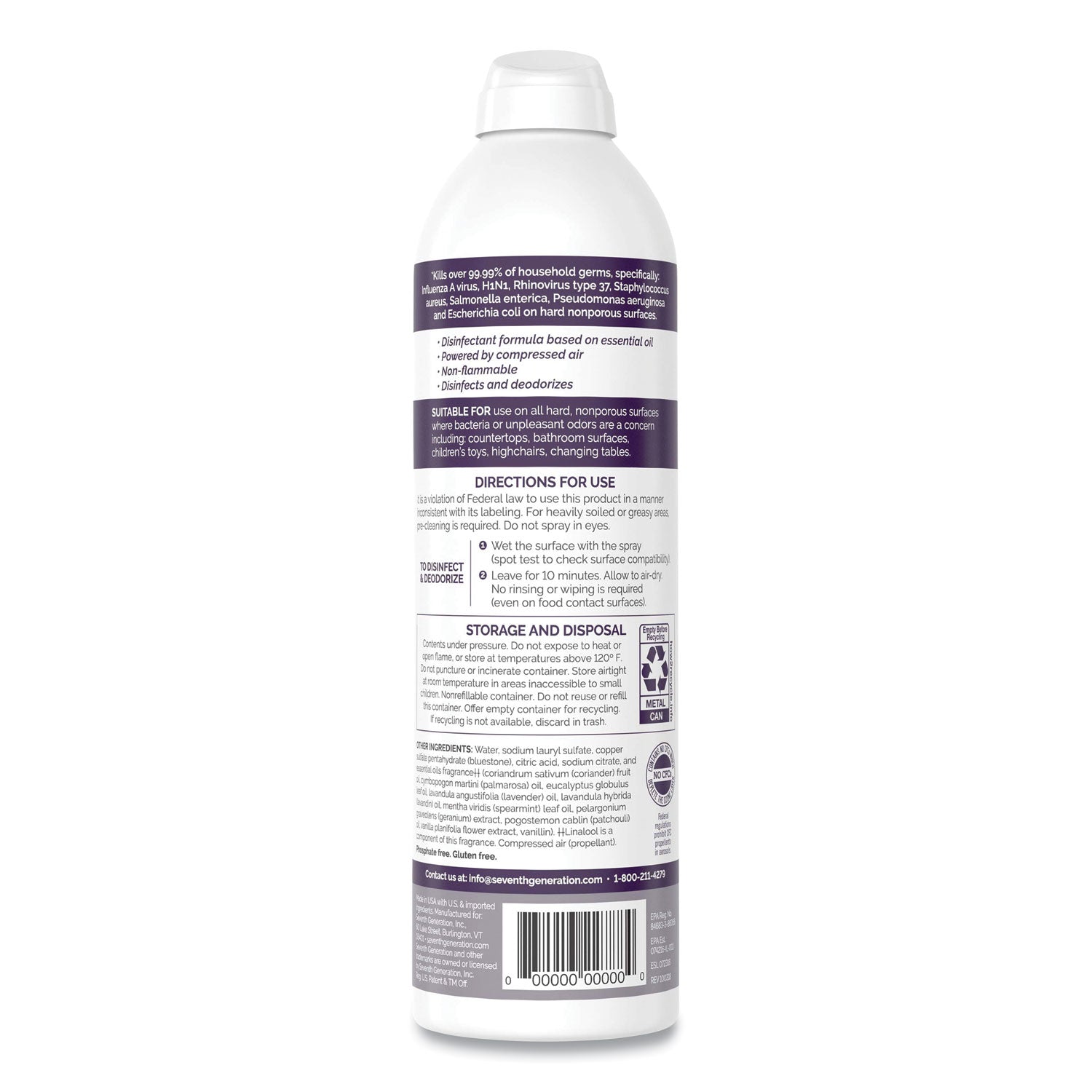 Seventh Generation Disinfectant Sprays, Lavender Vanilla/Thyme, 13.9 oz Spray Bottle, 8/Carton