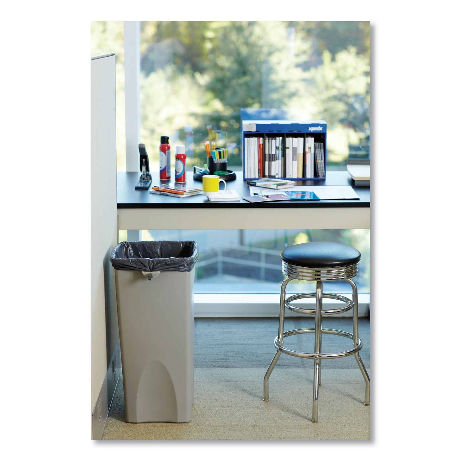 Rubbermaid Untouchable Square Waste Receptacle, Plastic, 23 gal, Beige