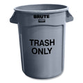 Rubbermaid Round Brute Container with "Trash Only" Imprint, Plastic, 32 gal, Gray