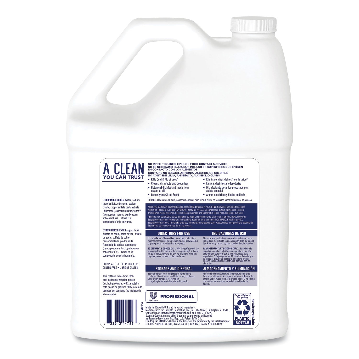 Seventh Generation Disinfecting Bathroom Cleaner, Lemongrass Citrus, 1 gal Bottle