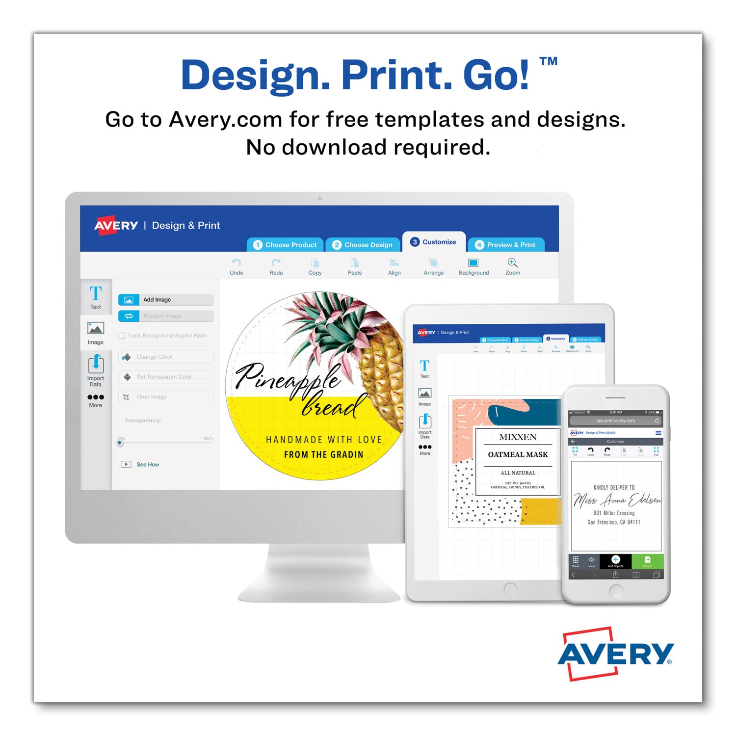 Avery Oval Labels w/ Sure Feed and Easy Peel, 2 x 3.33, Glossy White, 80/Pack