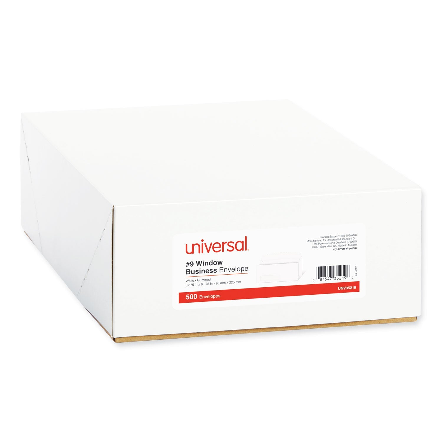 Universal Open-Side Business Envelope, 1 Window, #9, Square Flap, Gummed Closure, 3.88 x 8.88, White, 500/Box
