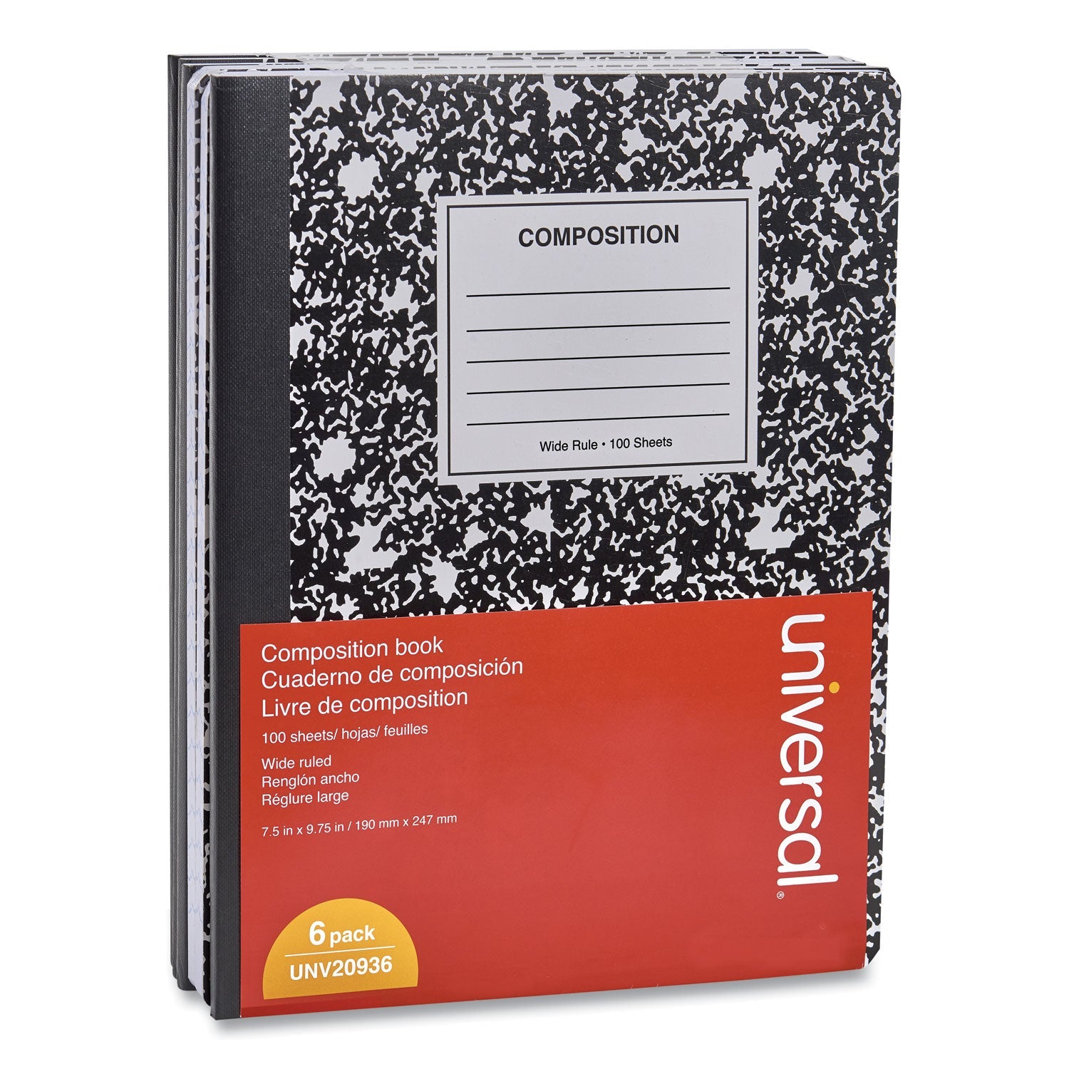 Universal Composition Book, Wide/Legal Rule, Black Marble Cover, 9.75 x 7.5, 100 Sheets, 6/Pack