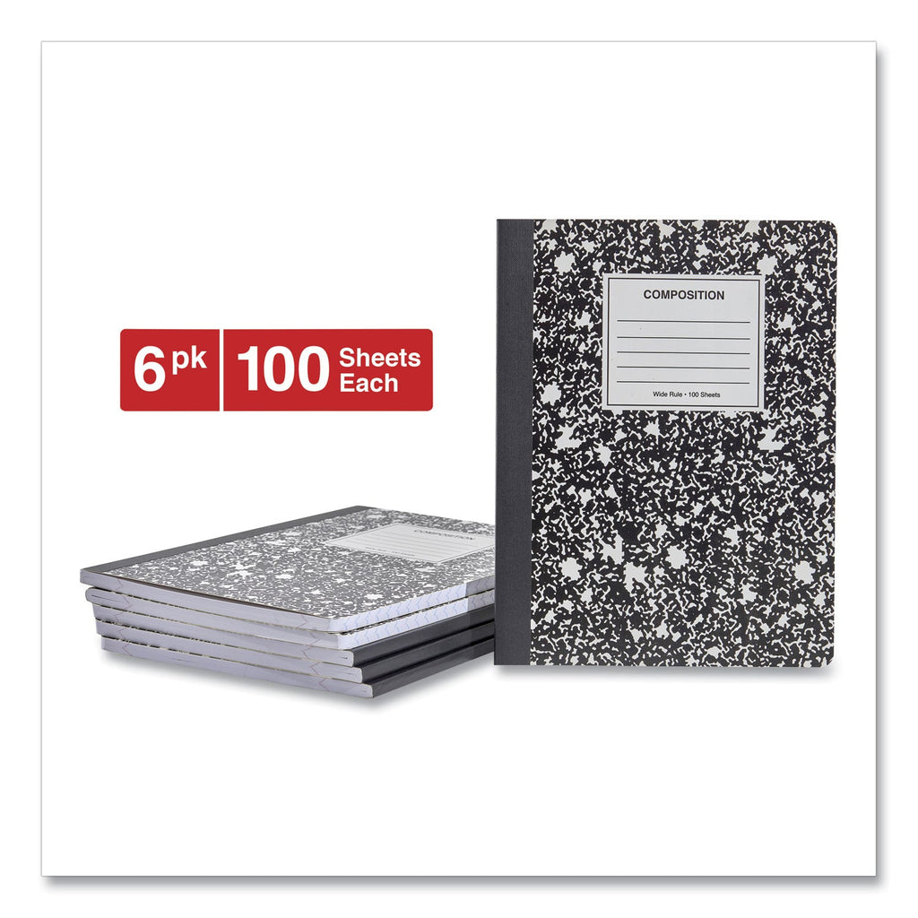 Universal Composition Book, Wide/Legal Rule, Black Marble Cover, 9.75 x 7.5, 100 Sheets, 6/Pack
