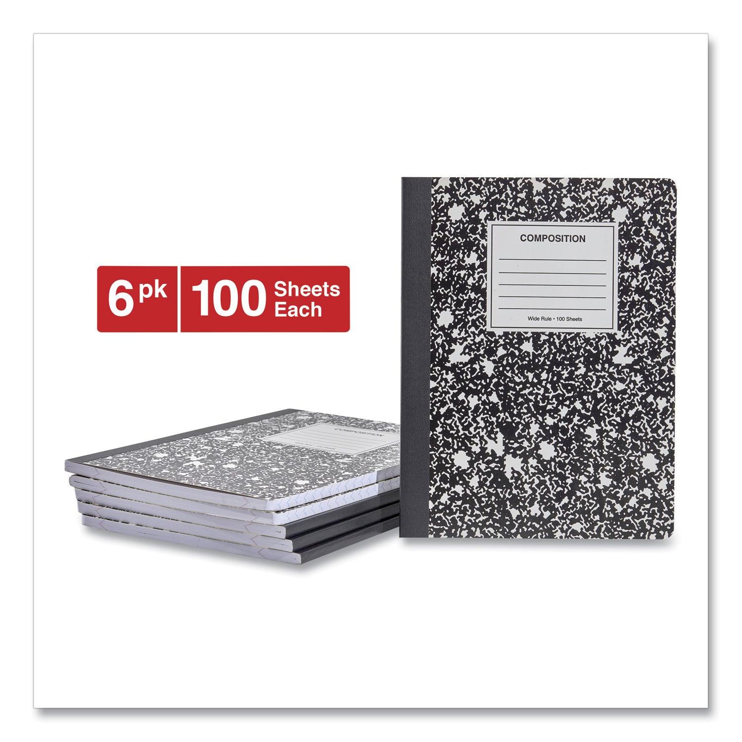 Universal Composition Book, Wide/Legal Rule, Black Marble Cover, 9.75 x 7.5, 100 Sheets, 6/Pack