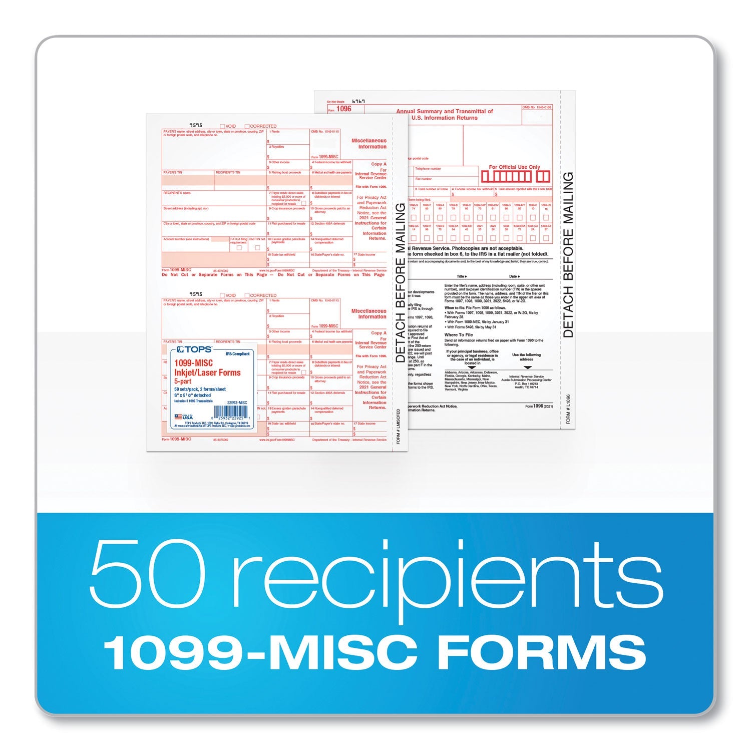 TOPS Five-Part 1099-MISC Tax Forms, 8.5 x 11, 2/Page, 50/Pack