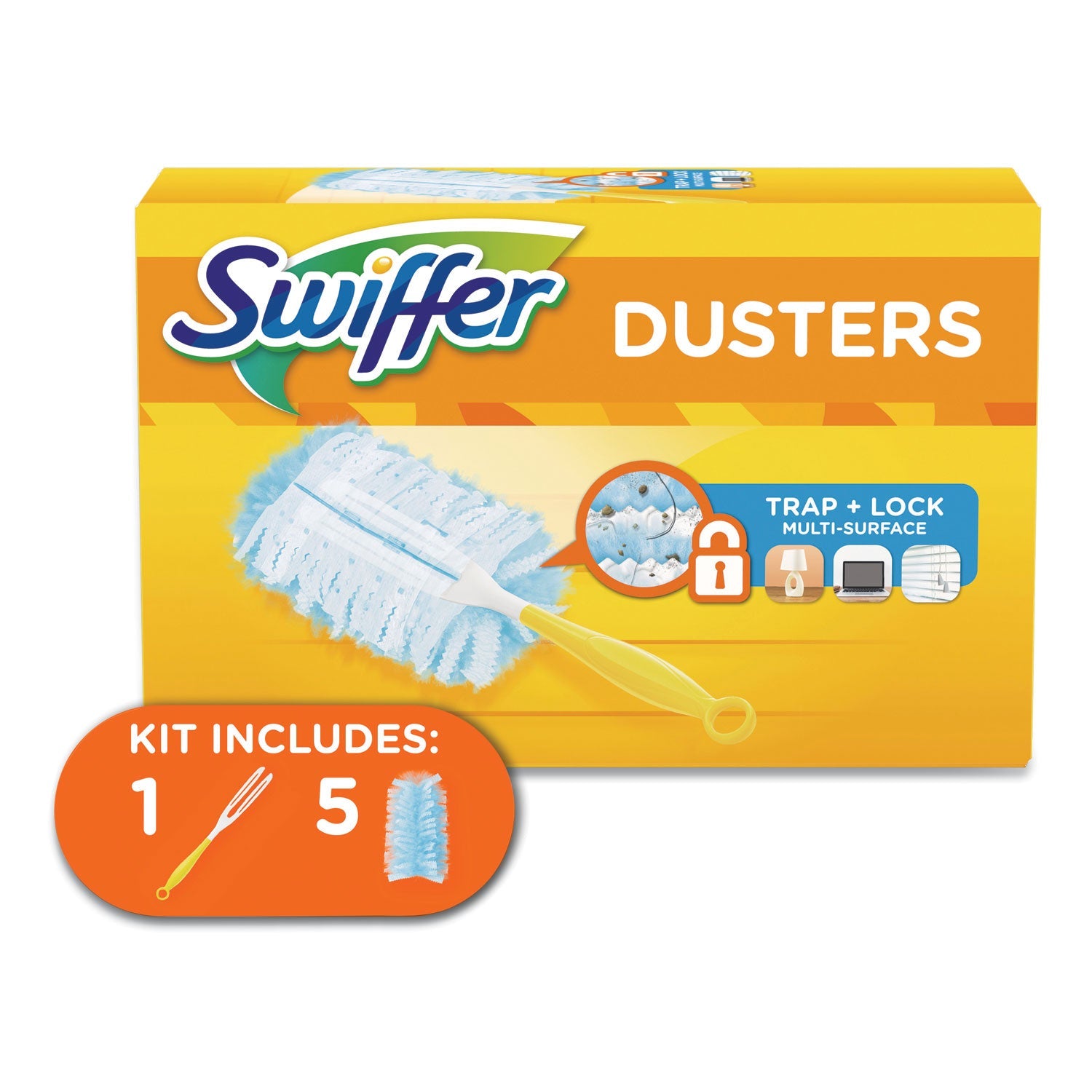 Swiffer Dusters Starter Kit, Dust Lock Fiber, 6" Handle, Blue/Yellow