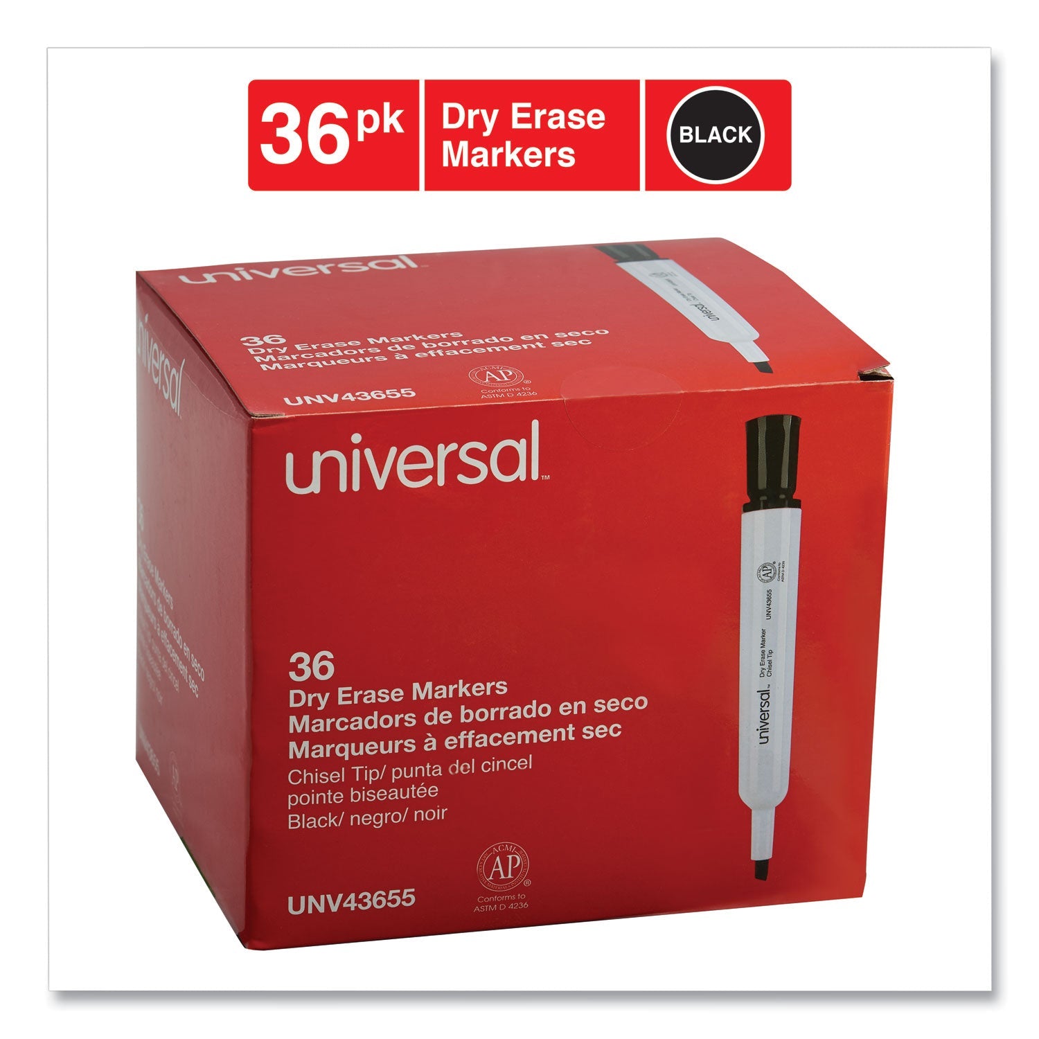 Universal Dry Erase Marker Value Pack, Broad Chisel Tip, Black, 36/Pack