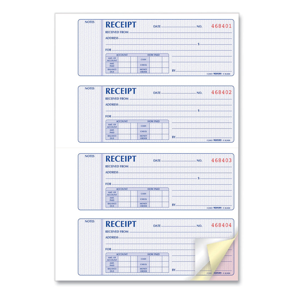Rediform Money Receipt Book, Three-Part Carbonless, 7 x 2.75, 4/Page, 100 Forms