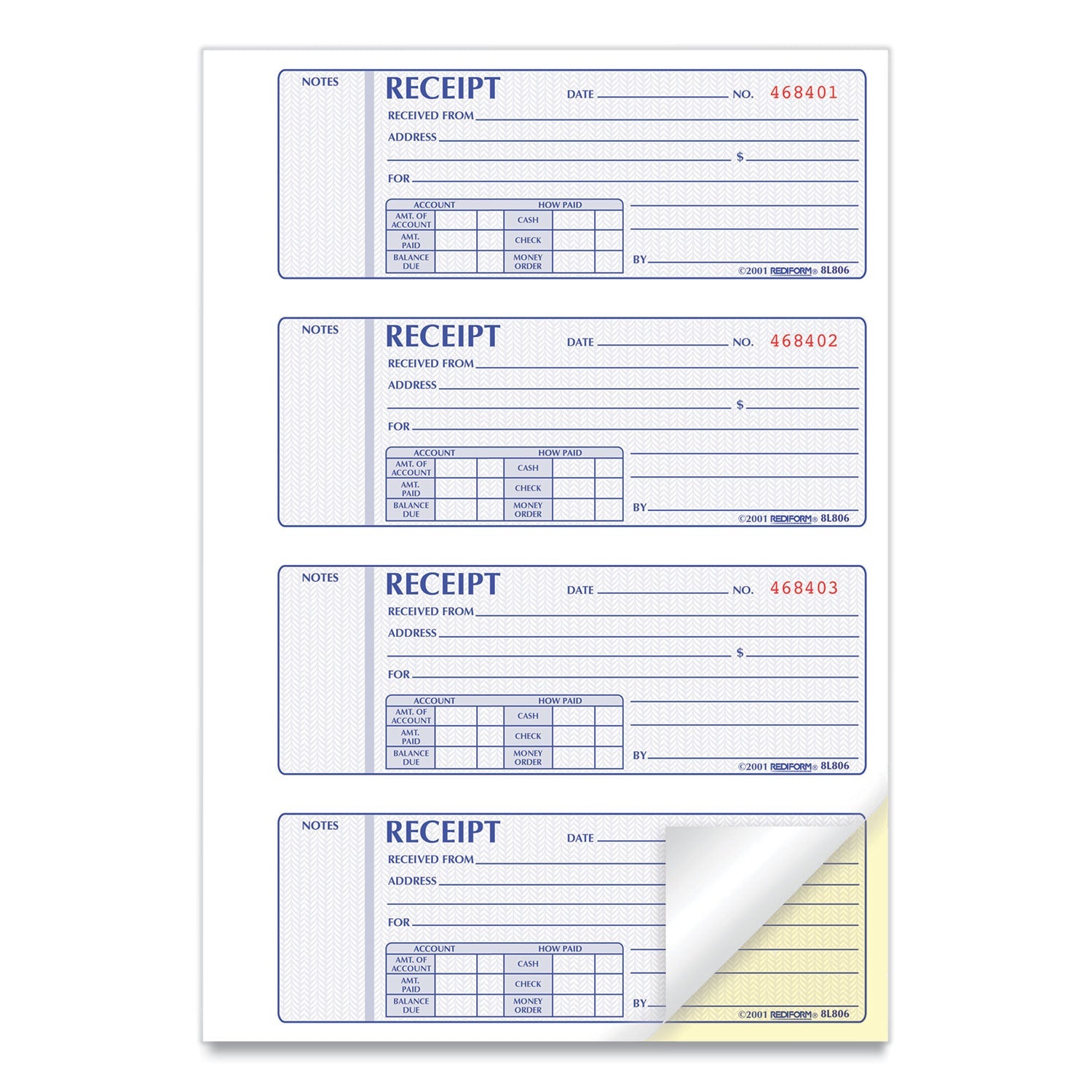 Rediform Money Receipt Book, Two-Part Carbonless, 7 x 2.75, 4/Page, 200 Forms