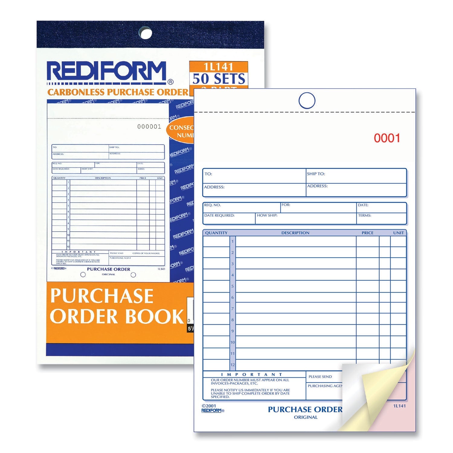 Rediform Purchase Order Book, Three-Part Carbonless, 5.5 x 7.88, 1/Page, 50 Forms