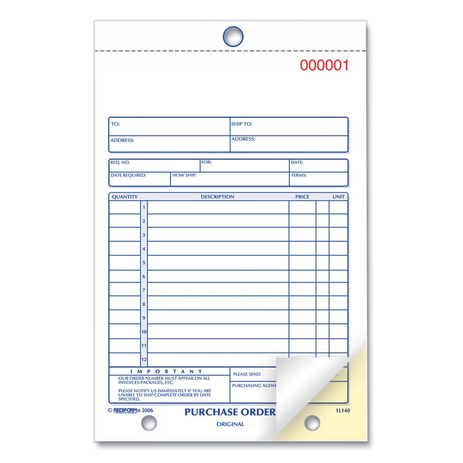 Rediform Purchase Order Book, Bottom Punch, Two-Part Carbonless, 5.5 x 7.88, 1/Page, 50 Forms