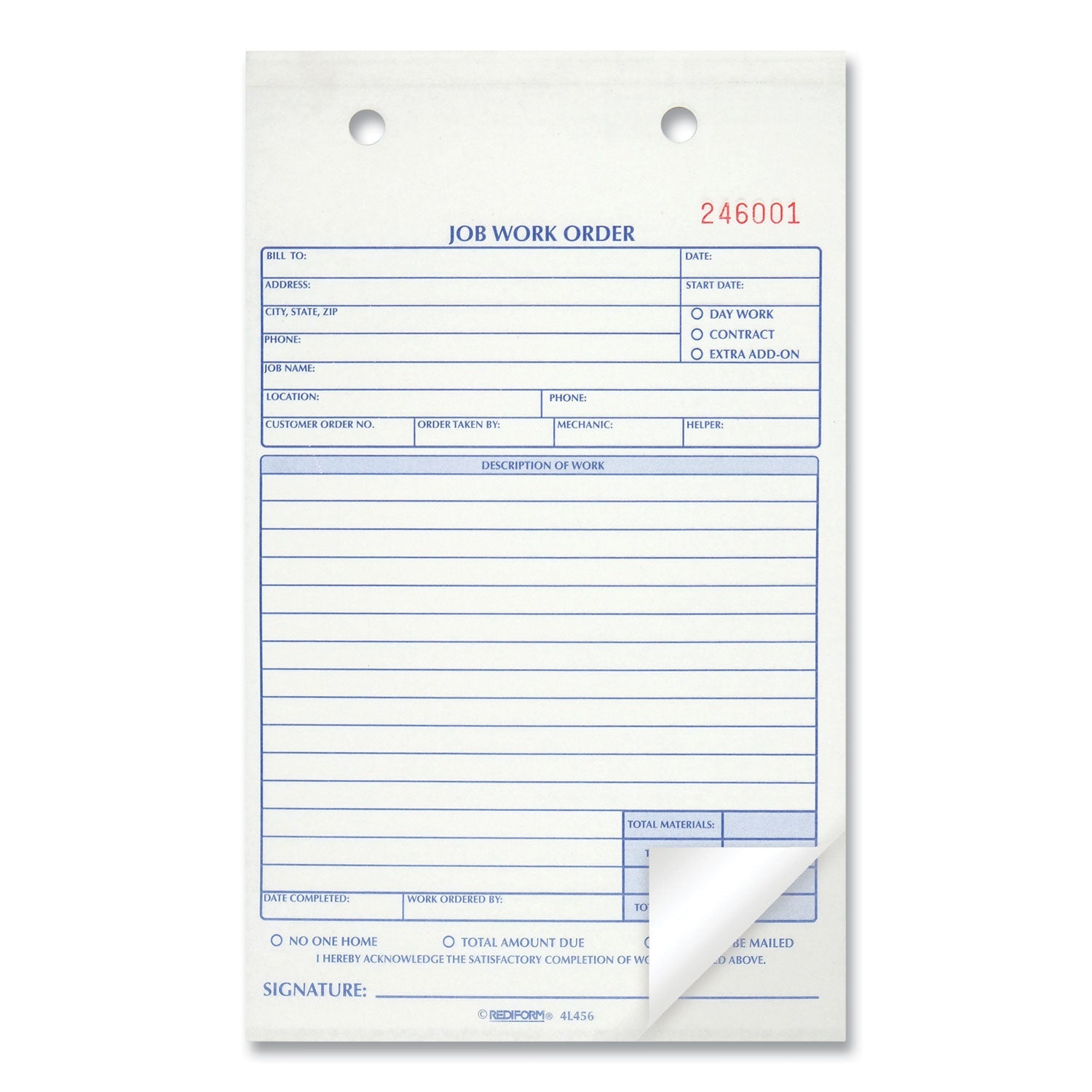 Rediform Job Work Order Book, Two-Part Carbonless, 5.5 x 8.5, 1/Page, 50 Forms
