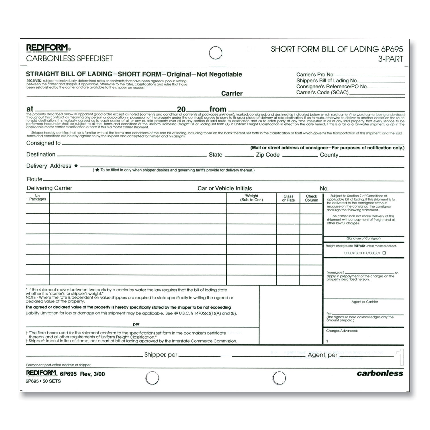 Rediform Bill of Lading, Short Form, Three-Part Carbonless, 7 x 8.5, 1/Page, 50 Forms