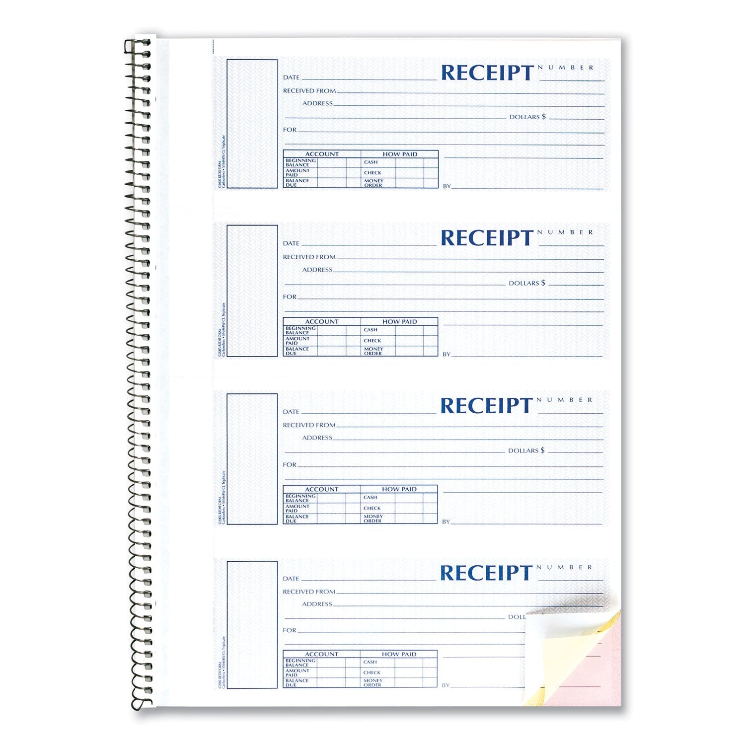 Rediform Spiralbound Unnumbered Money Receipt Book, Three-Part Carbonless, 7 x 2.75, 4/Page, 120 Forms