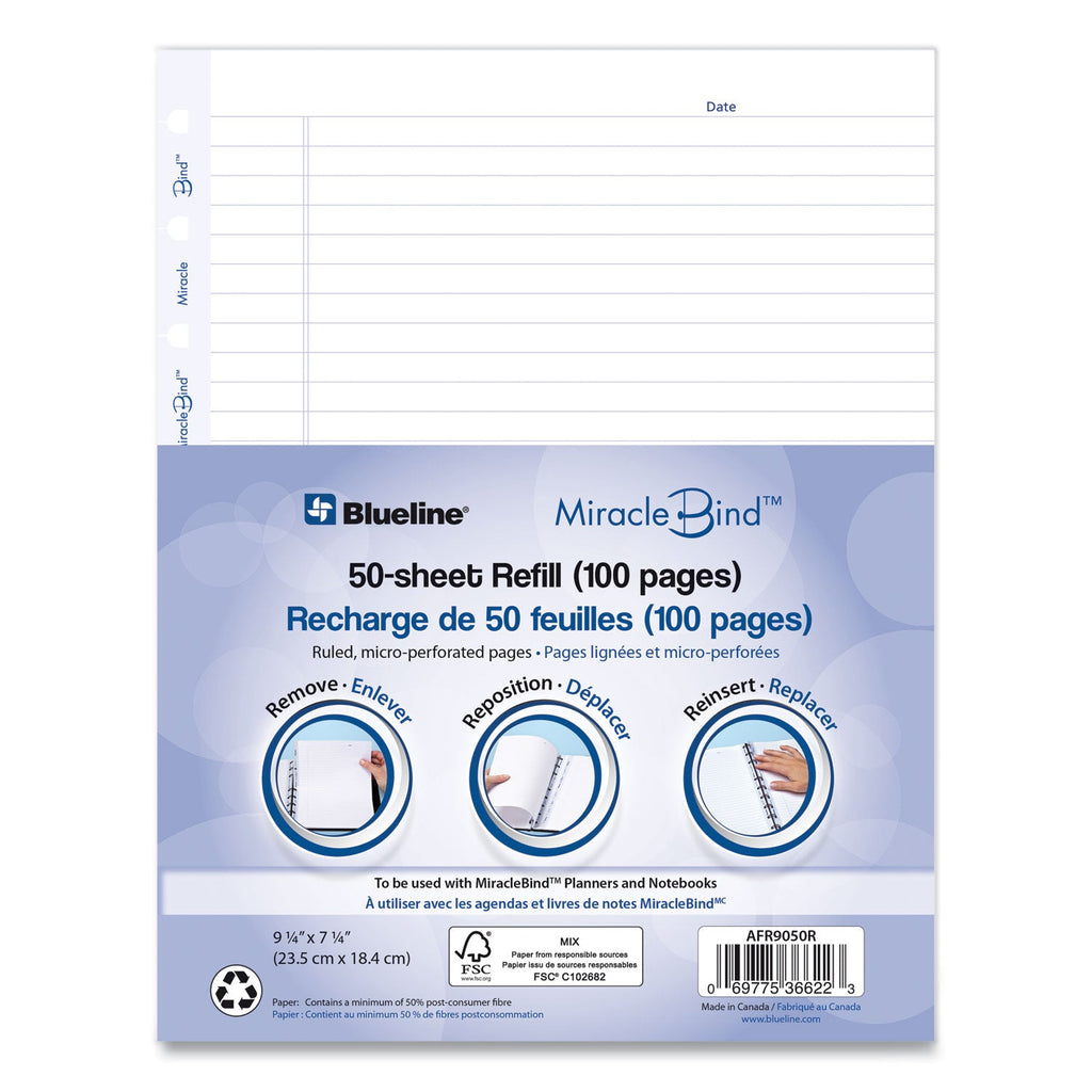 Blueline MiracleBind Ruled Paper Refill Sheets for all MiracleBind Notebooks and Planners, 9.25 x 7.25, White/Blue Sheets, Undated