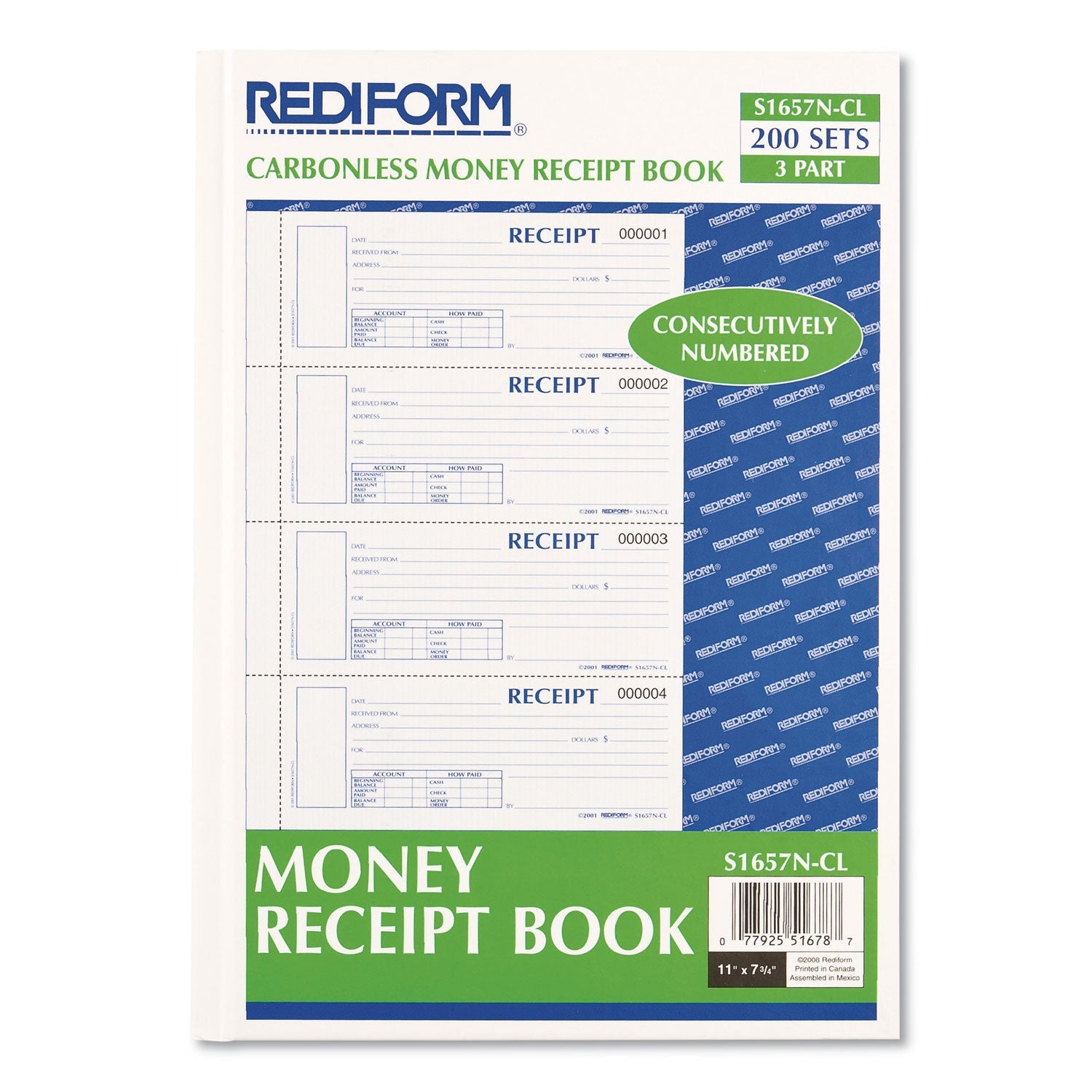 Rediform Hardcover Numbered Money Receipt Book, Three-Part Carbonless, 6.78 x 2.75, 4/Page, 200 Forms