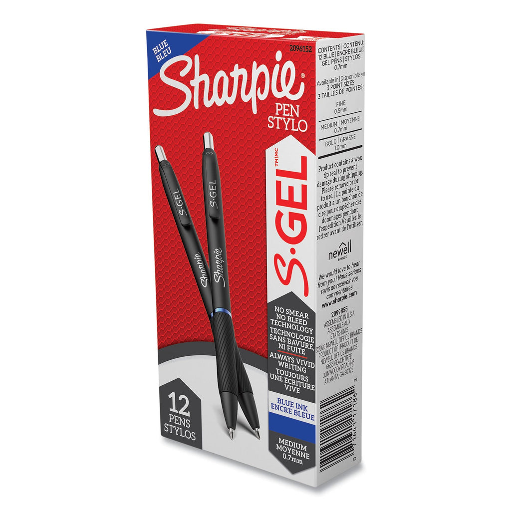 Sharpie S-Gel High-Performance Gel Pen, Retractable, Medium 0.7 mm, Blue Ink, Black Barrel, Dozen