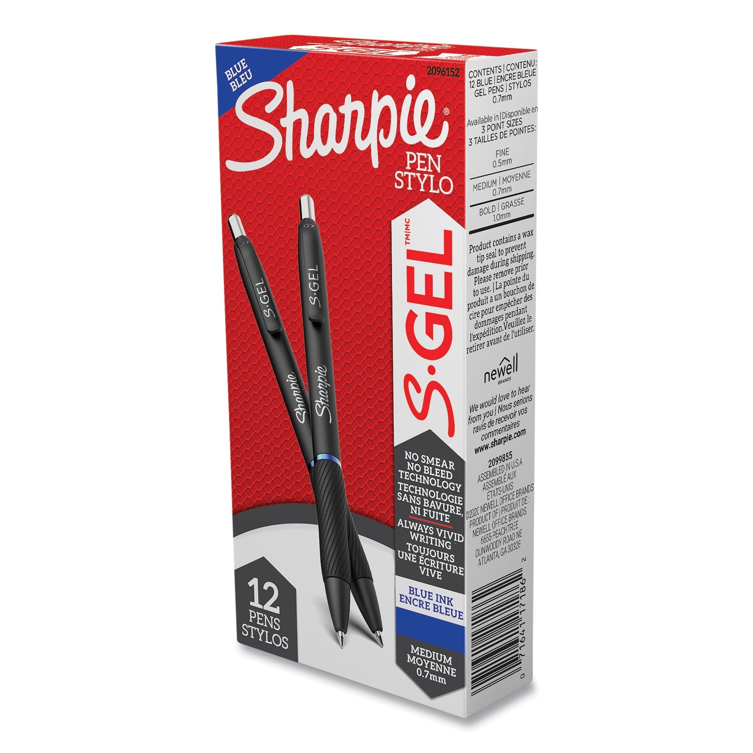 Sharpie S-Gel High-Performance Gel Pen, Retractable, Medium 0.7 mm, Blue Ink, Black Barrel, Dozen