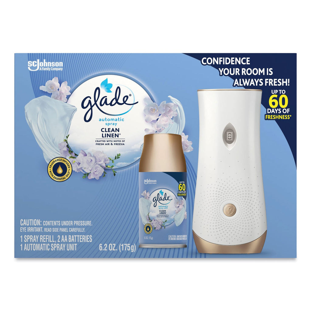 Glade Automatic Spray Starter Kit, Spray Unit and Refill, White/Gold, Clean Linen