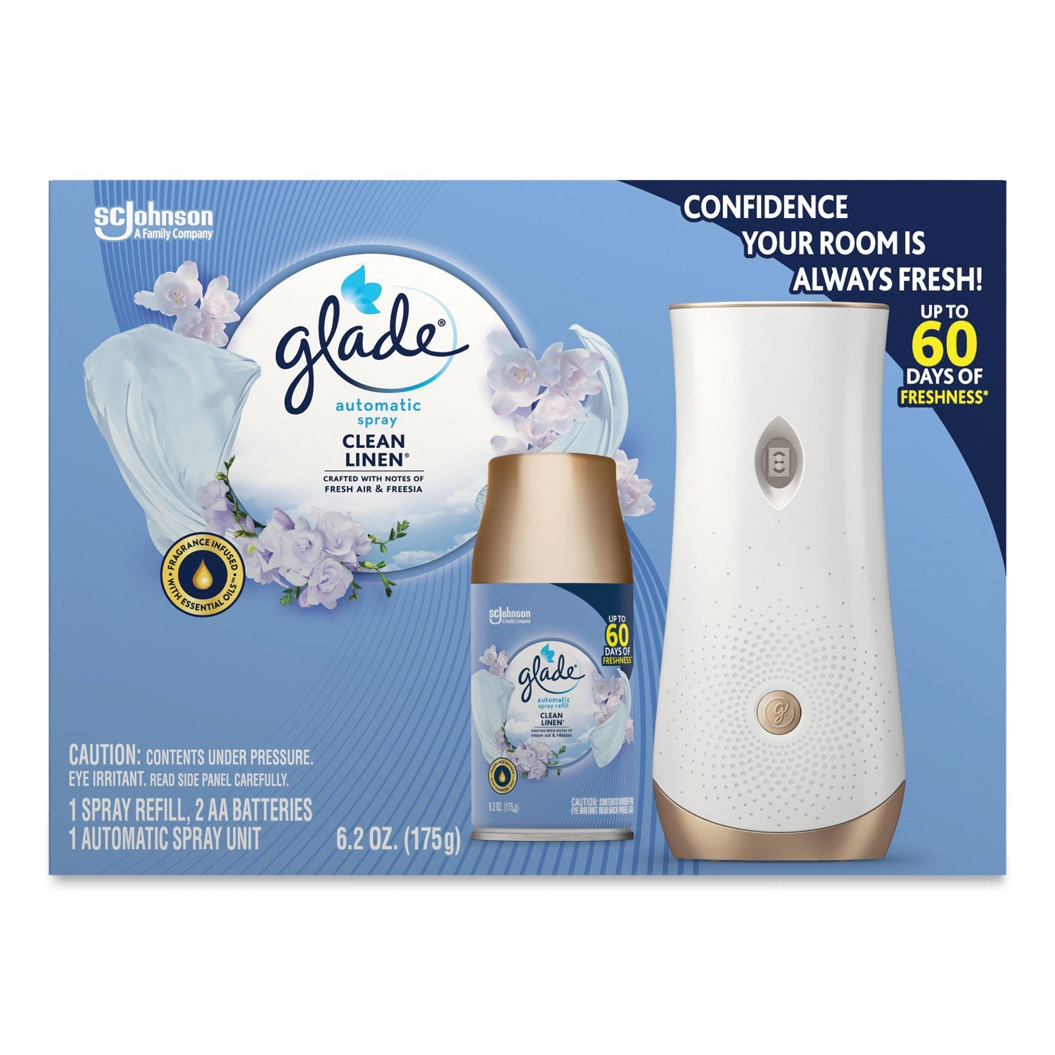 Glade Automatic Spray Starter Kit, Spray Unit and Refill, White/Gold, Clean Linen
