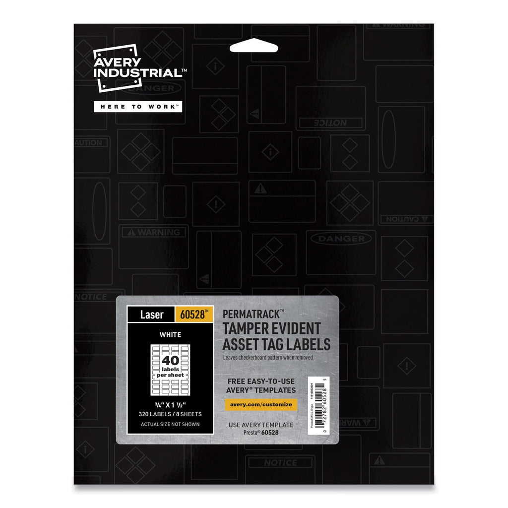 Avery PermaTrack Tamper-Evident Asset Tag Labels, Laser Printers, 0.75 x 1.5, White, 40/Sheet, 8 Sheets/Pack