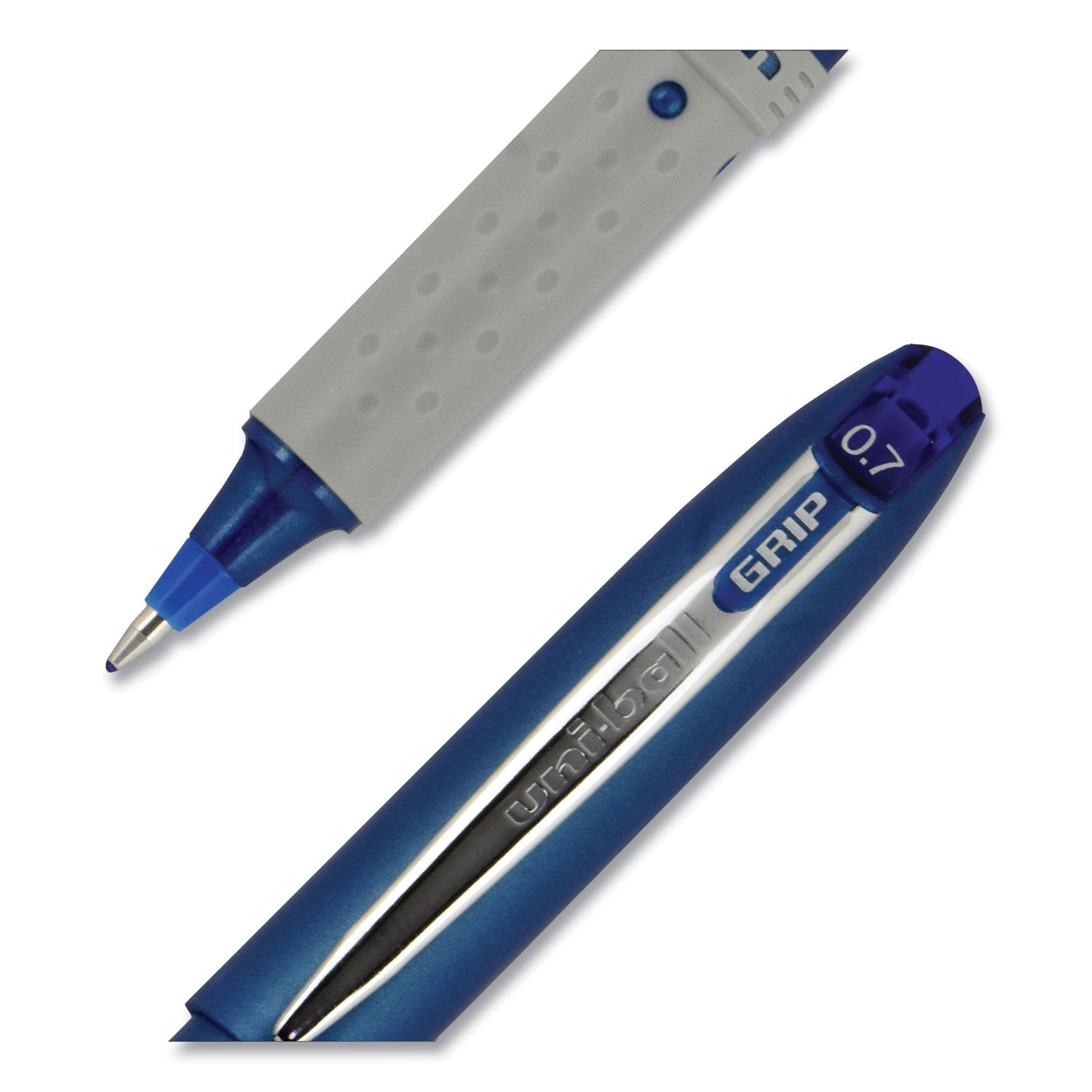 uniball Grip Roller Ball Pen, Stick, Fine 0.7 mm, Blue Ink, Blue Barrel, Dozen