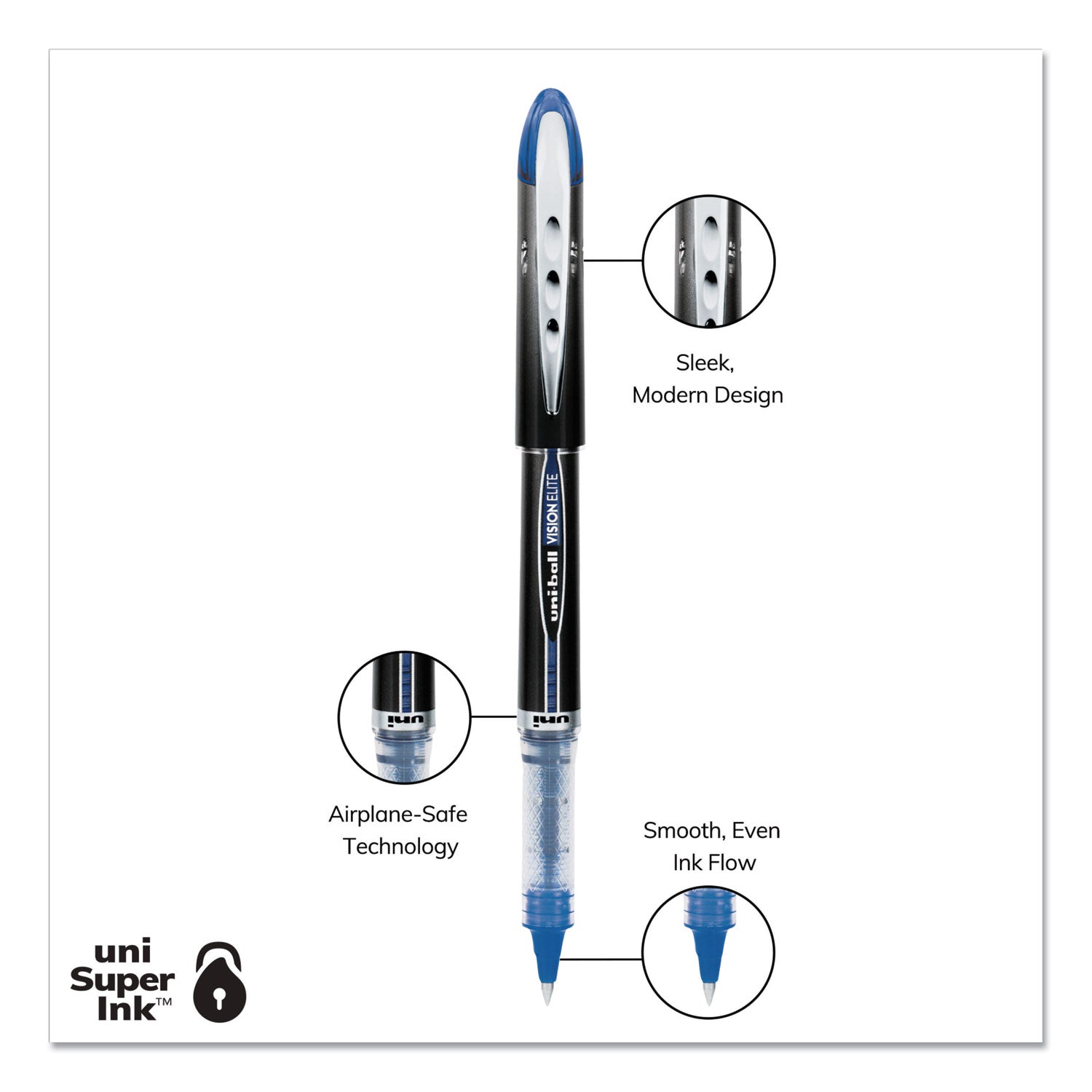 uniball VISION ELITE Roller Ball Pen, Stick, Micro 0.5 mm, Assorted Ink Colors, Black Barrel