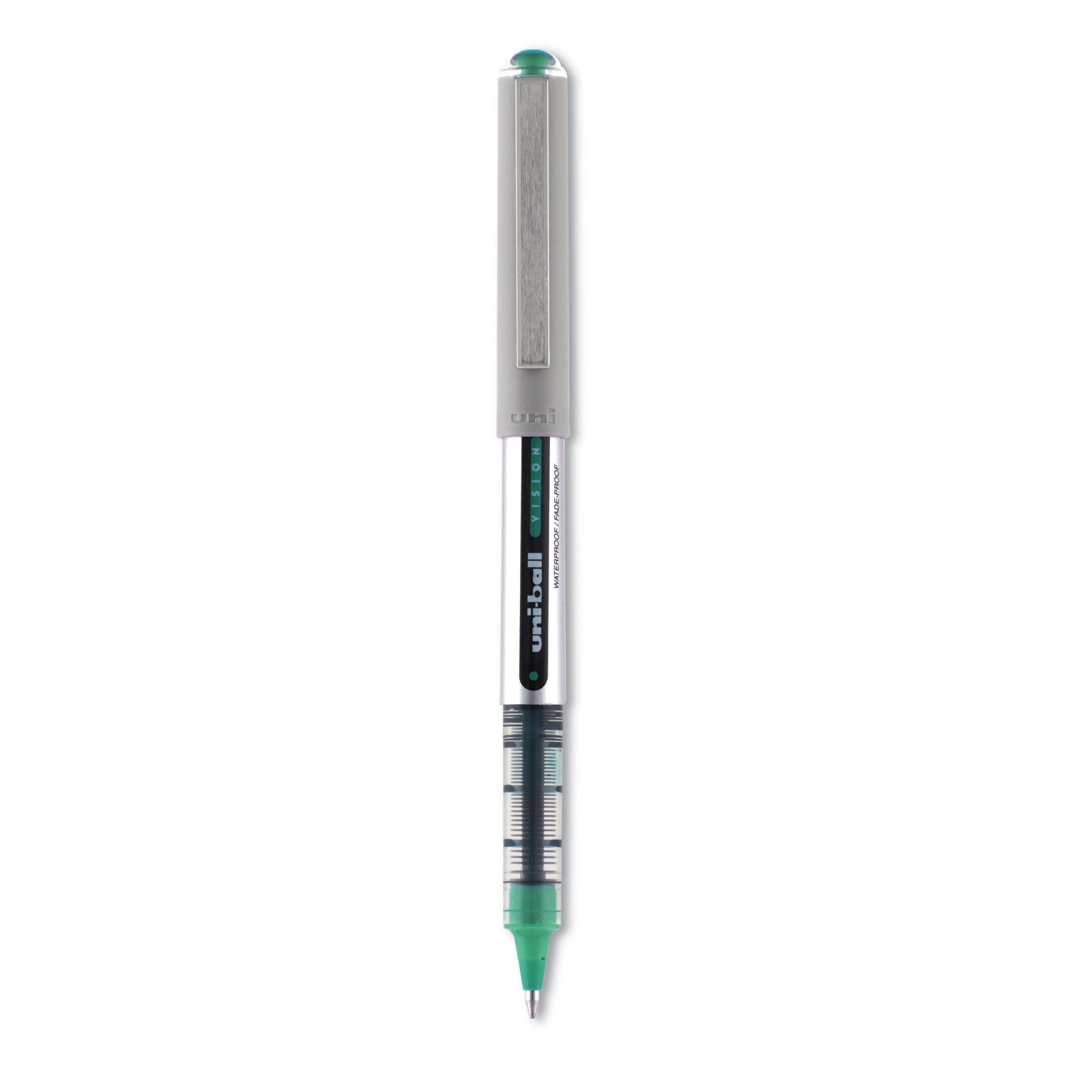 uniball VISION Roller Ball Pen, Stick, Fine 0.7 mm, Evergreen Ink, Gray Barrel, Dozen