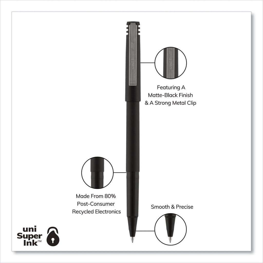 uniball Roller Ball Pen, Stick, Micro 0.5 mm, Black Ink, Black Matte Barrel, 36/Pack