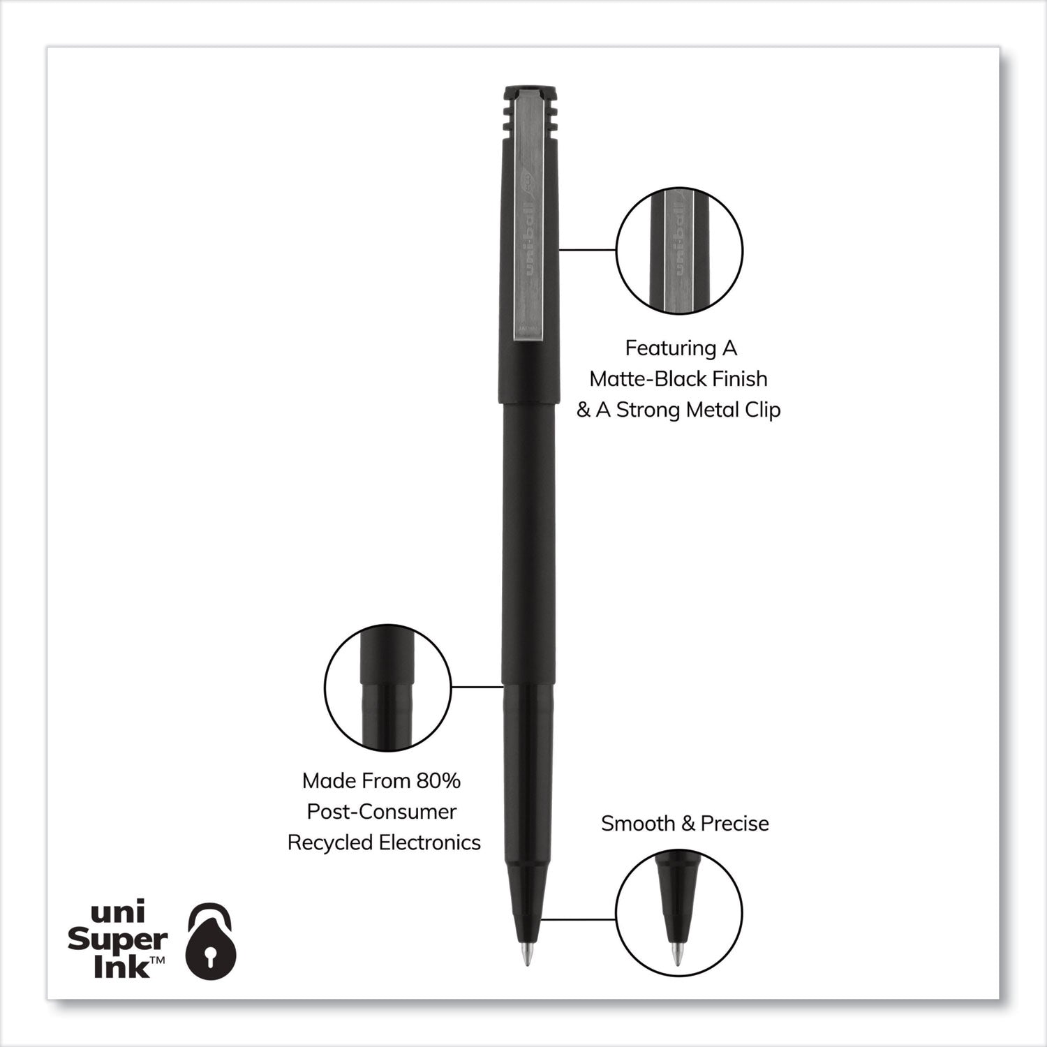 uniball Roller Ball Pen, Stick, Micro 0.5 mm, Black Ink, Black Matte Barrel, 36/Pack