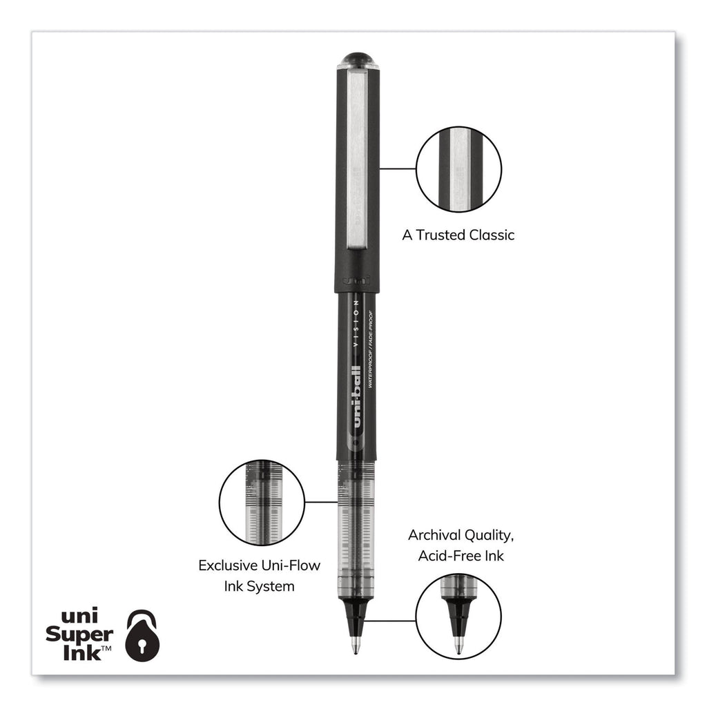 uniball VISION Roller Ball Pen, Stick, Bold 1 mm, Black Ink, Black Barrel, Dozen