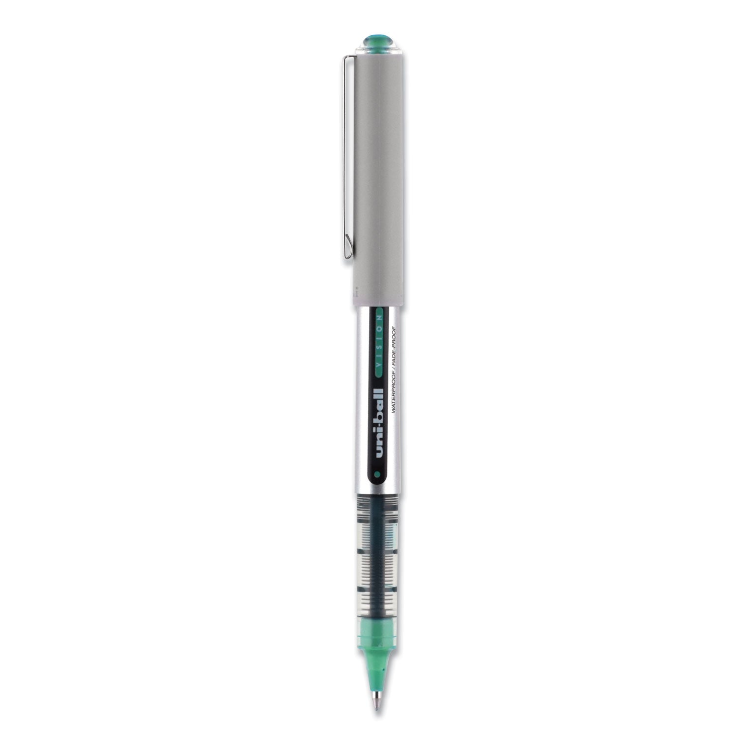 uniball VISION Roller Ball Pen, Stick, Fine 0.7 mm, Evergreen Ink, Gray Barrel, Dozen