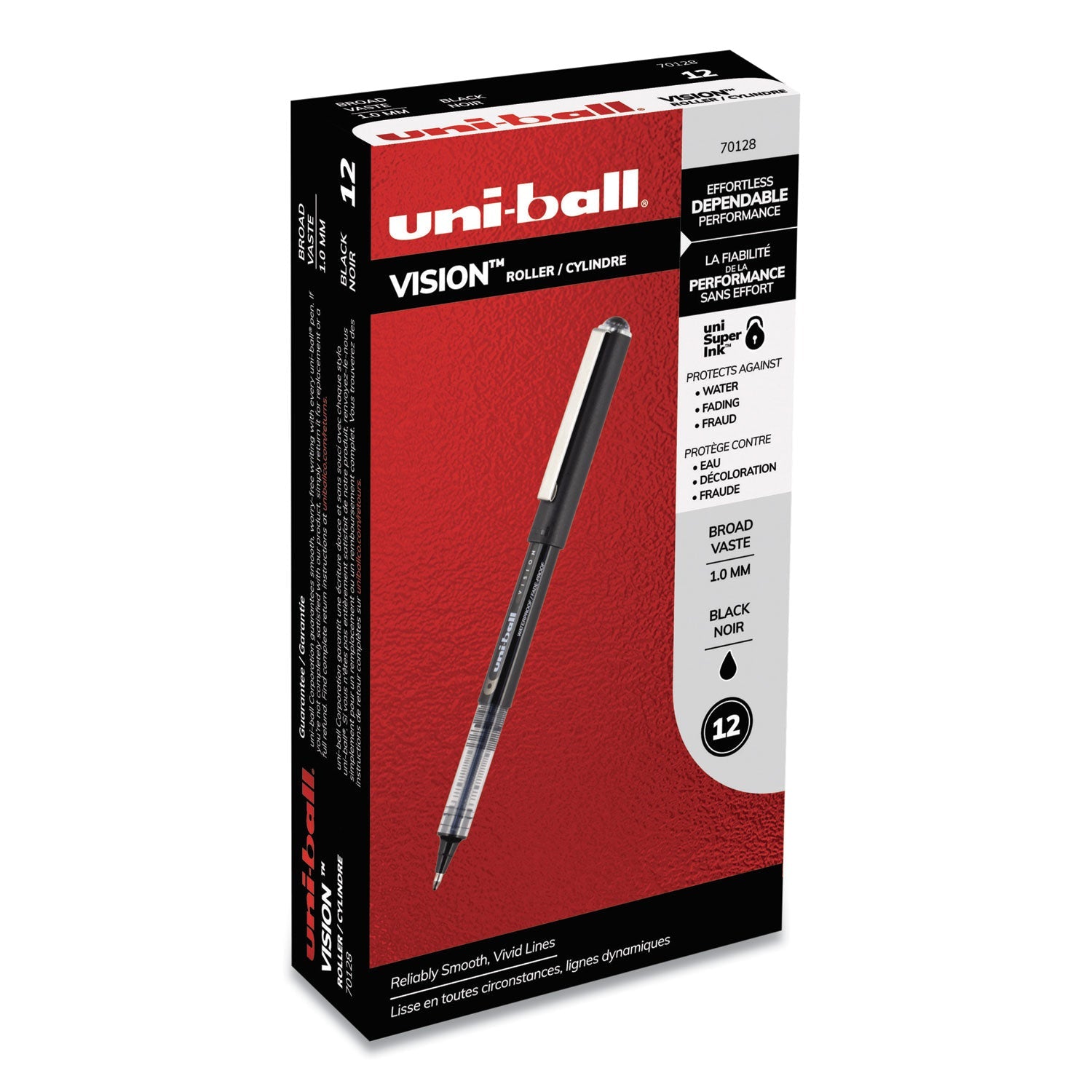uniball VISION Roller Ball Pen, Stick, Bold 1 mm, Black Ink, Black Barrel, Dozen
