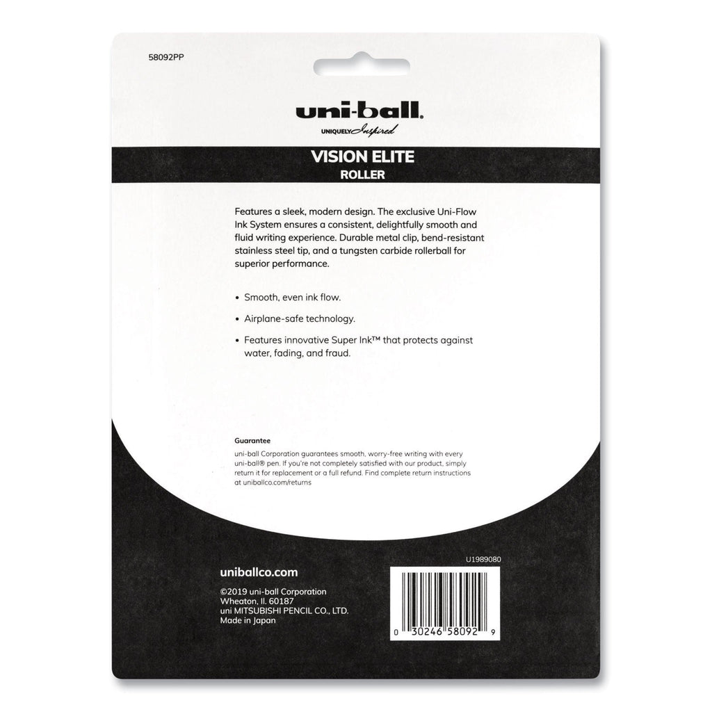 uniball VISION ELITE Roller Ball Pen, Stick, Micro 0.5 mm, Assorted Ink Colors, Black Barrel