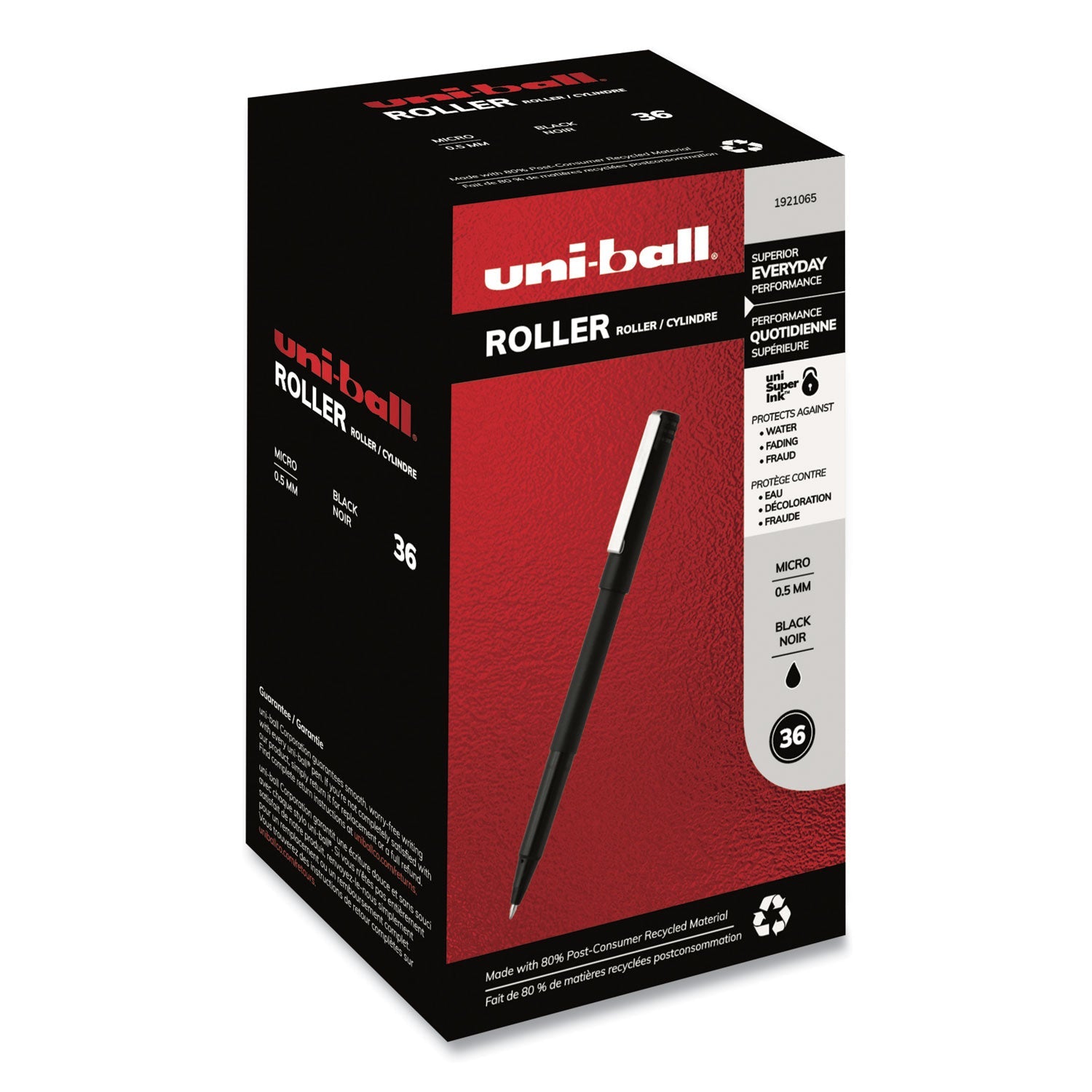 uniball Roller Ball Pen, Stick, Micro 0.5 mm, Black Ink, Black Matte Barrel, 36/Pack