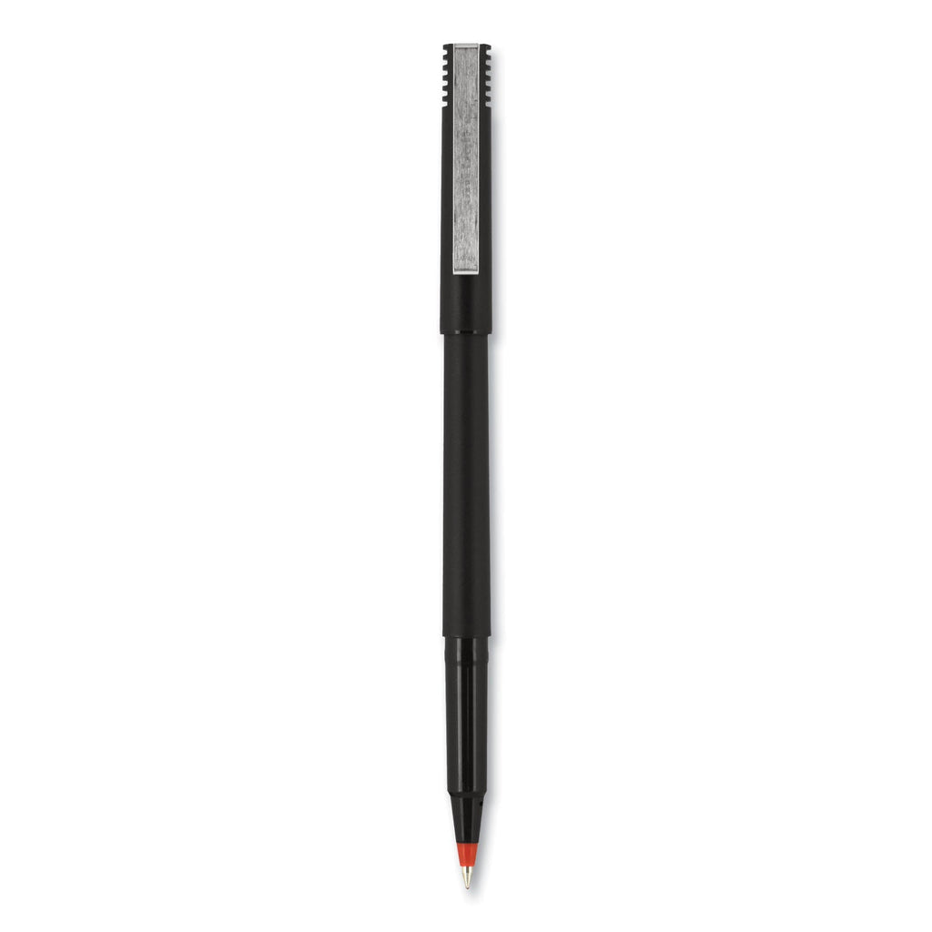 uniball Roller Ball Pen, Stick, Micro 0.5 mm, Red Ink, Black Matte Barrel, Dozen