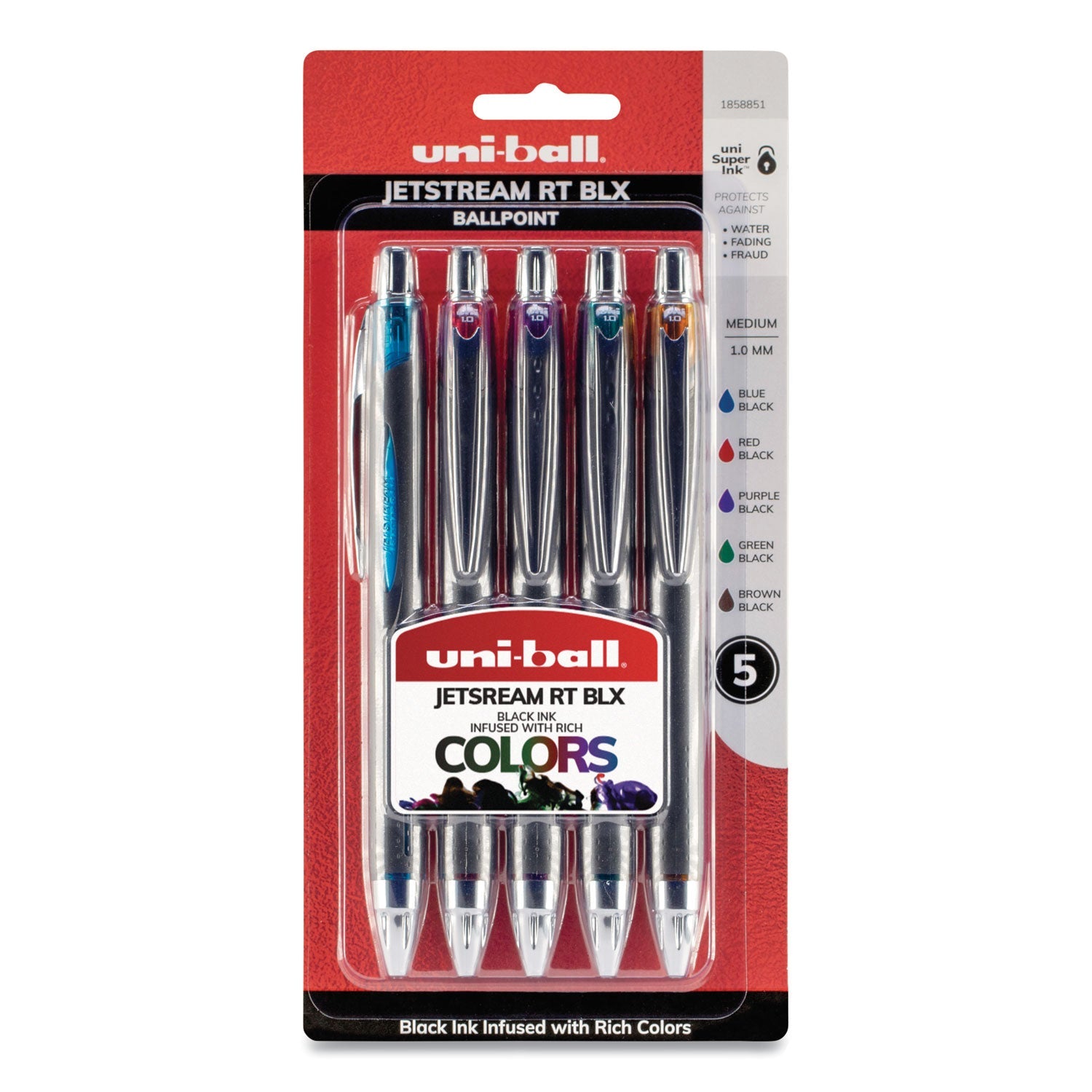 uniball Jetstream Retractable Ballpoint Pen, 1 mm, Assorted Ink, Black Barrel, 5/Pack
