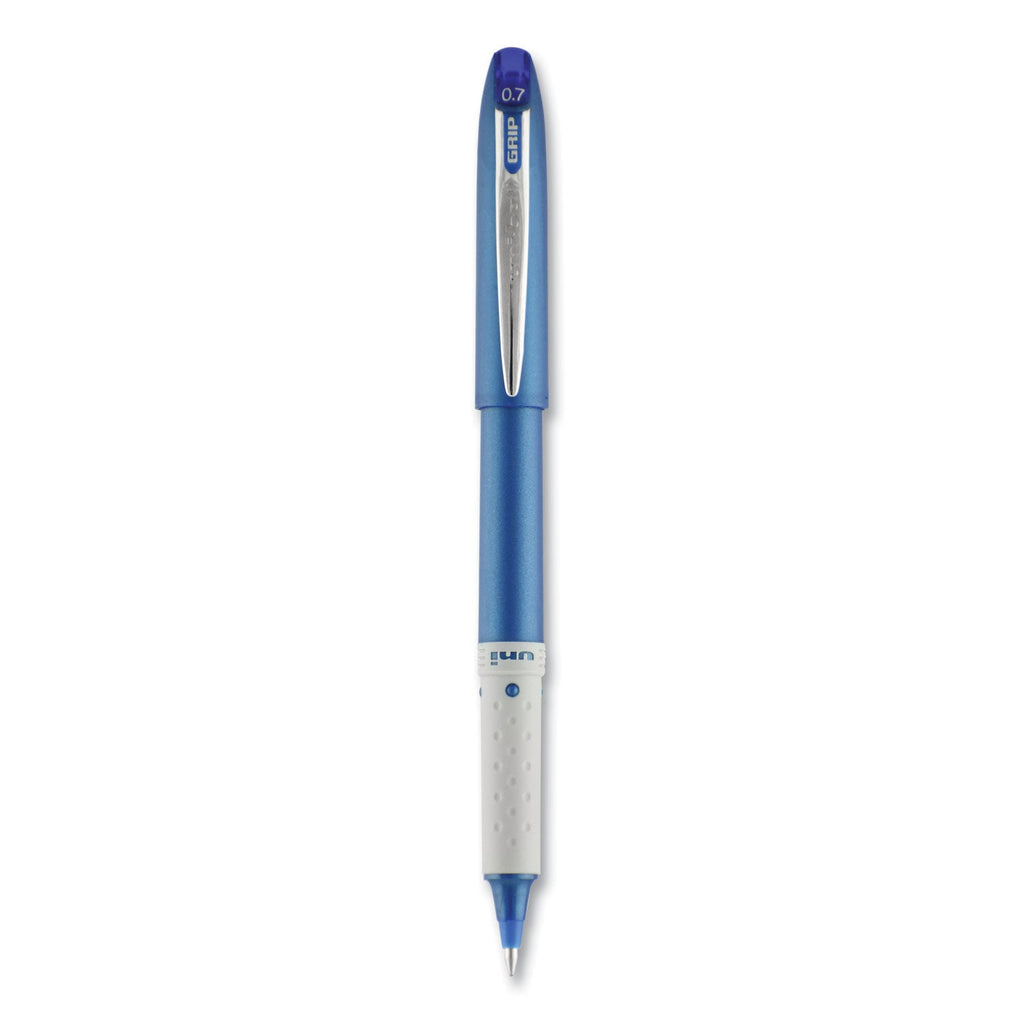 uniball Grip Roller Ball Pen, Stick, Fine 0.7 mm, Blue Ink, Blue Barrel, Dozen